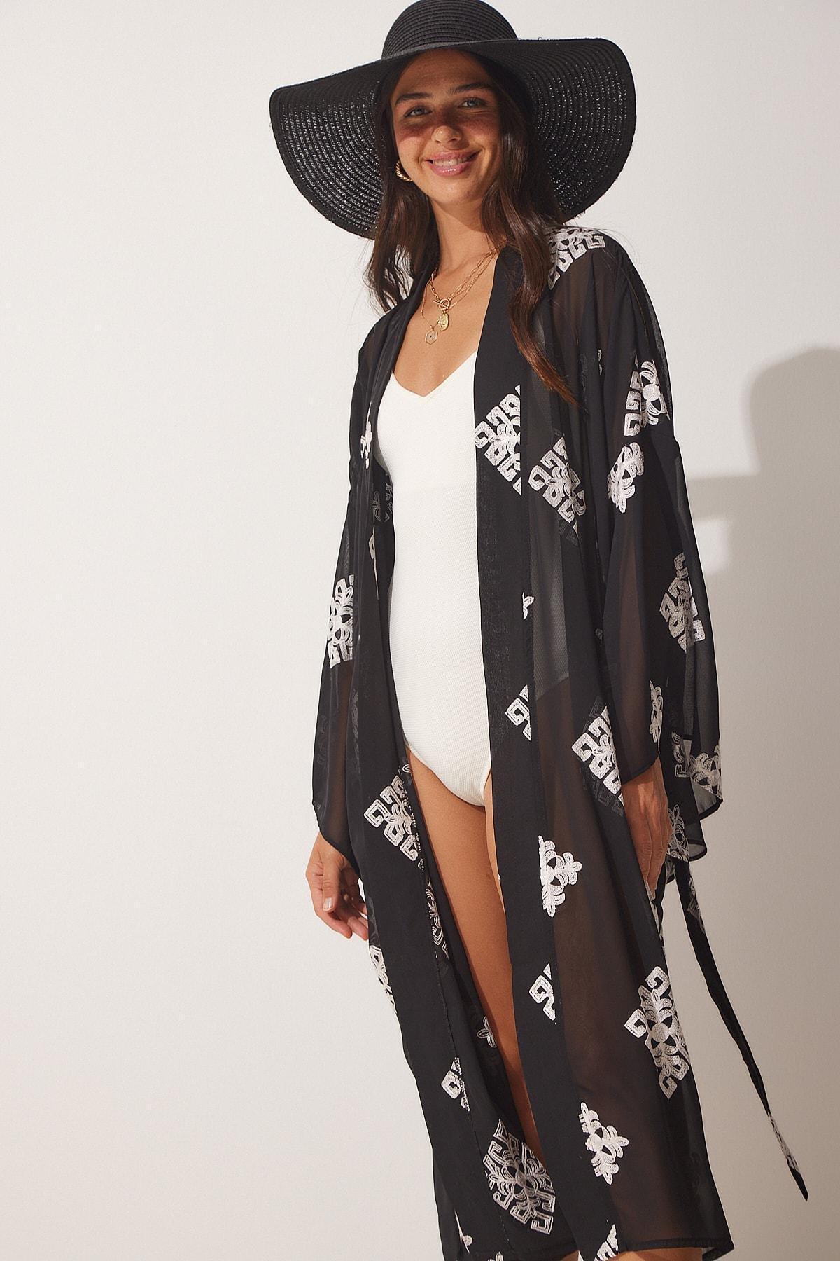 Black Long Tulle Kimono With Embroidered, , large image number 2