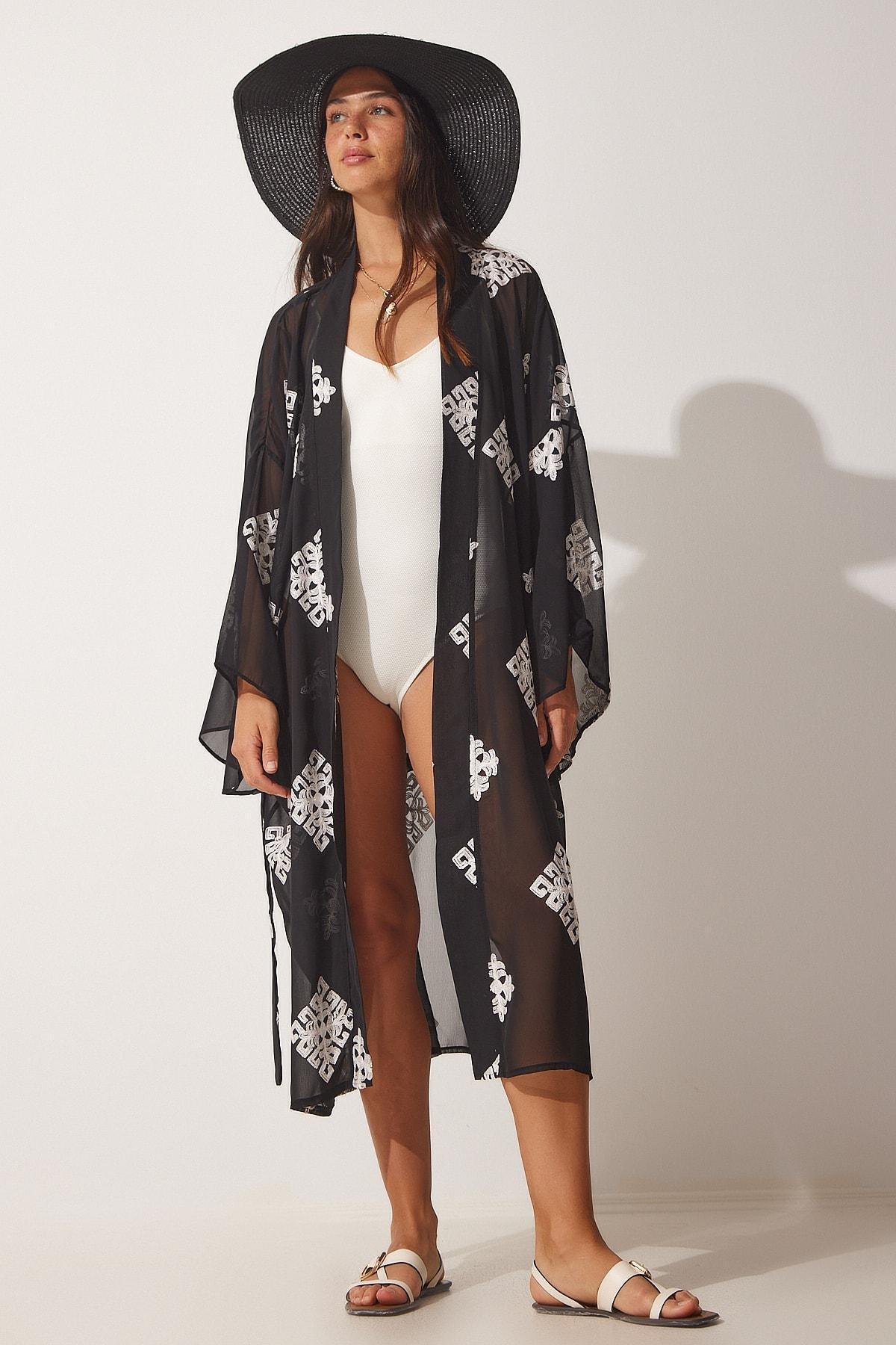 Black Long Tulle Kimono With Embroidered, , large image number 3