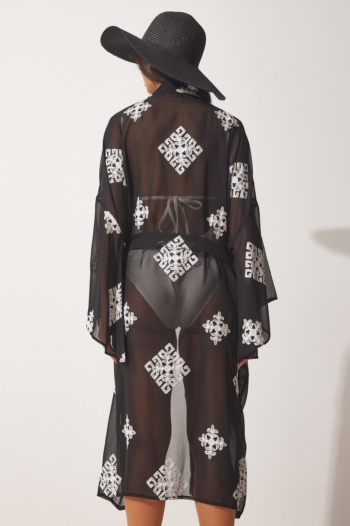 Black Long Tulle Kimono With Embroidered, , large image number 4