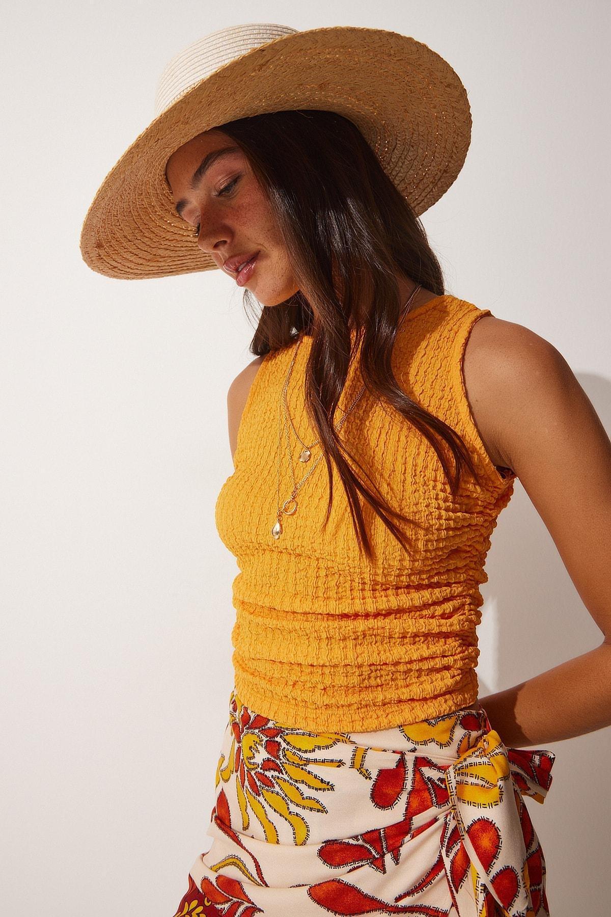 Happiness Istanbul - Orange Pleated Textured Knitted Blouse