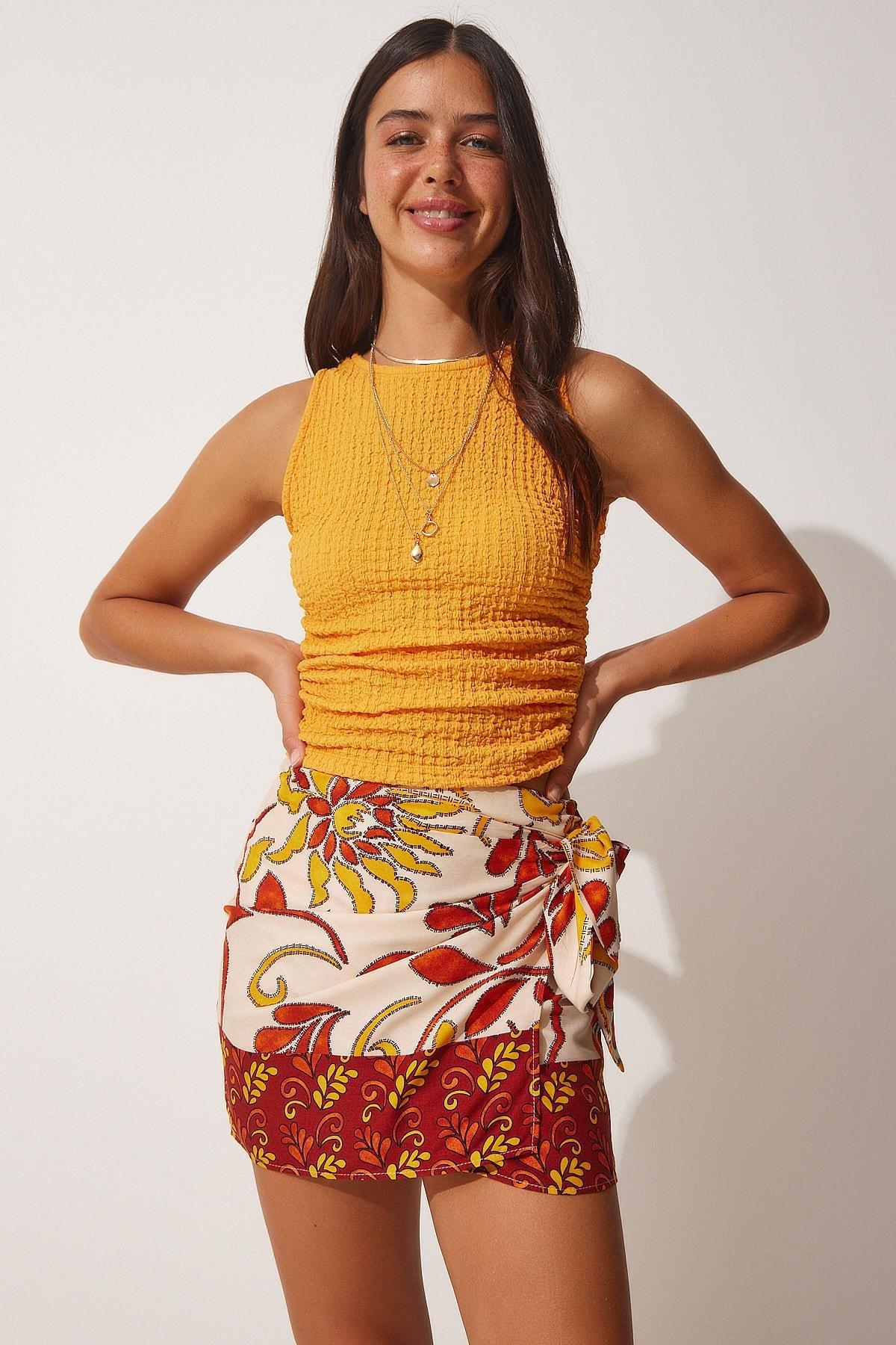 Happiness Istanbul - Orange Pleated Textured Knitted Blouse