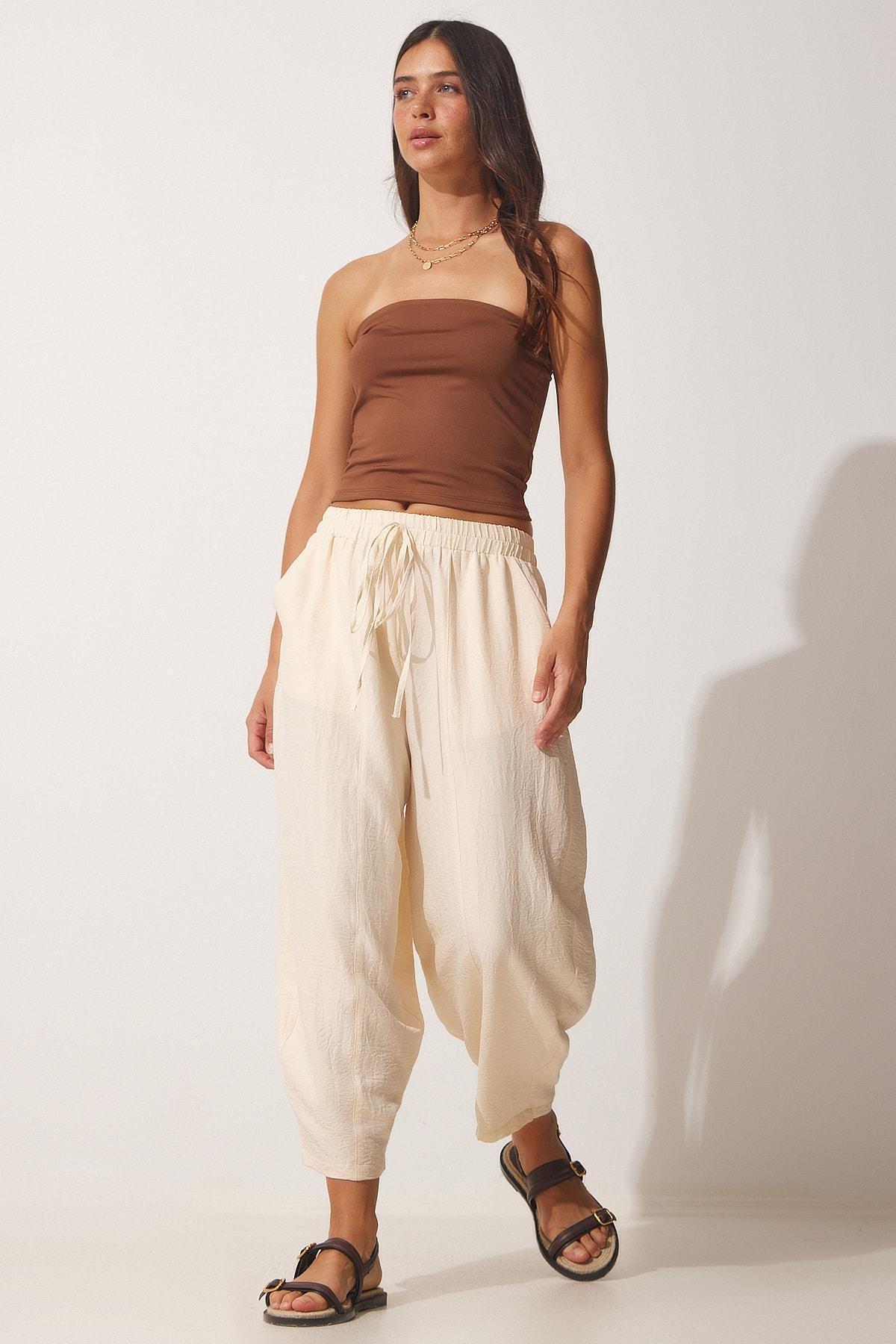 بنطال شالوار ايروباتيك بقصة فضفاضة بجيوب، كريمي, Cream, large image number 0