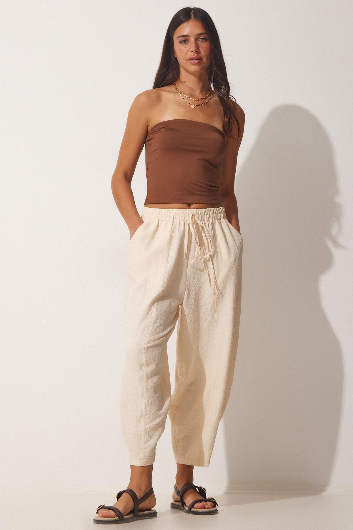 بنطال شالوار ايروباتيك بقصة فضفاضة بجيوب، كريمي, Cream, large image number 1