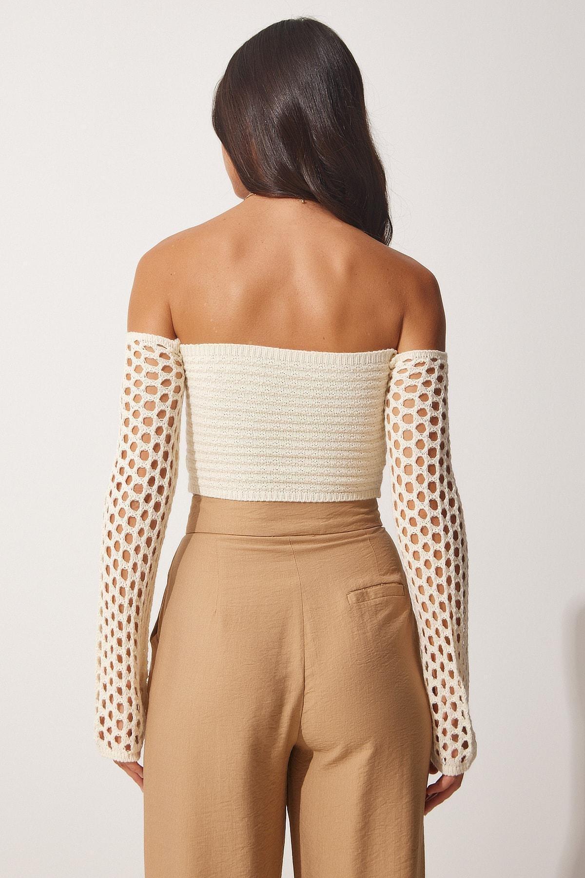 Happiness Istanbul - Cream Carmen Collar Openwork Crop Blouse