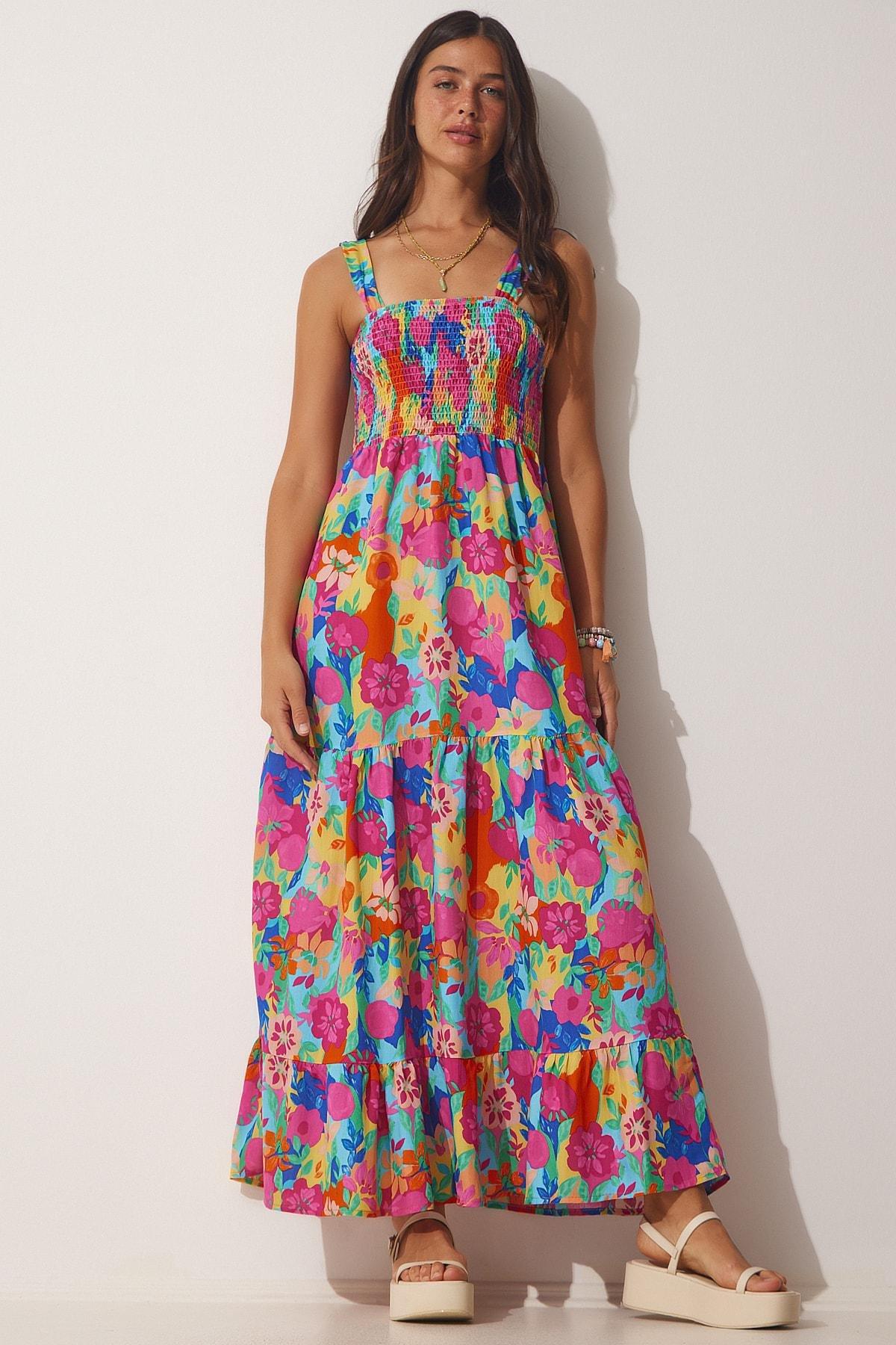 Happiness Istanbul - Multicolour Floral Strapless Summer Knitted Dress