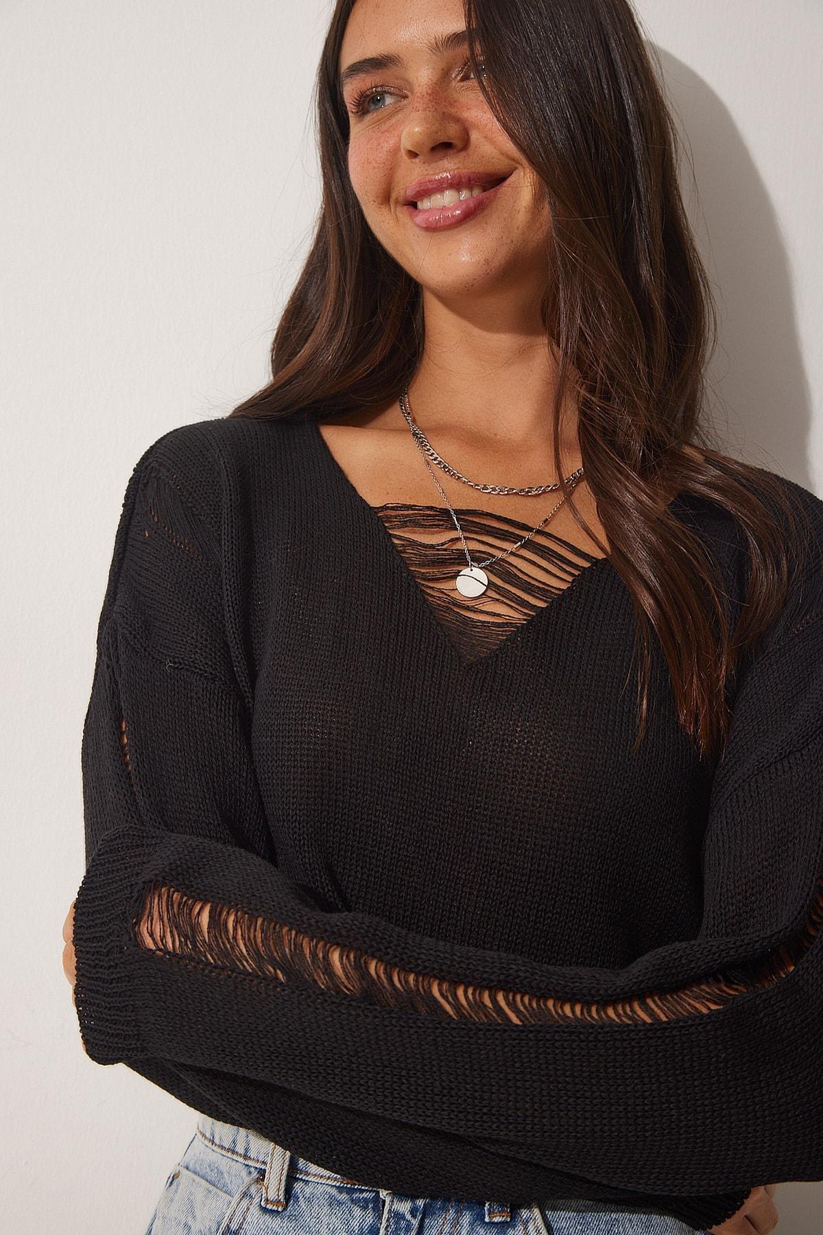 Black V-Neck Ripped Crop Knitwear Sweater, BLACK, large image number 3