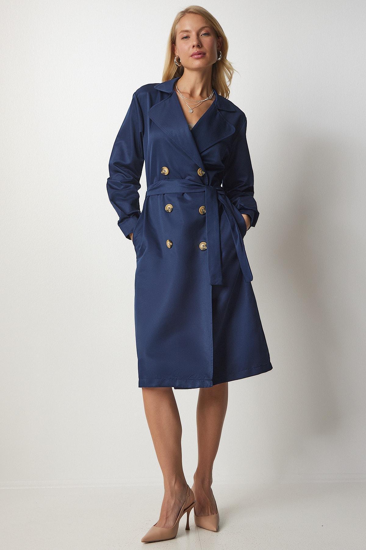Navy Double Breasted Seasonal Trench Coat, Navy blue, large image number 0