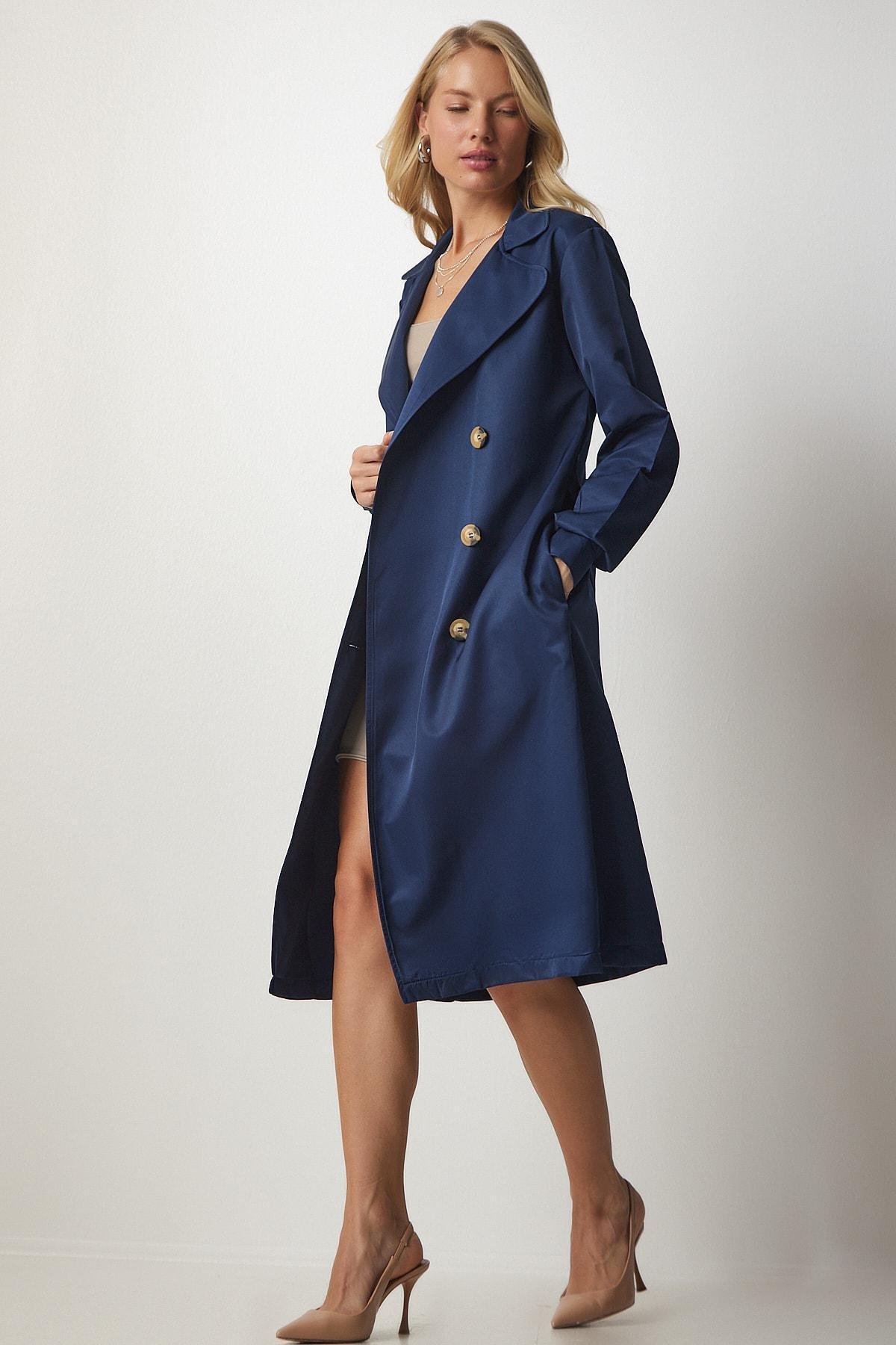 Navy Double Breasted Seasonal Trench Coat, Navy blue, large image number 1