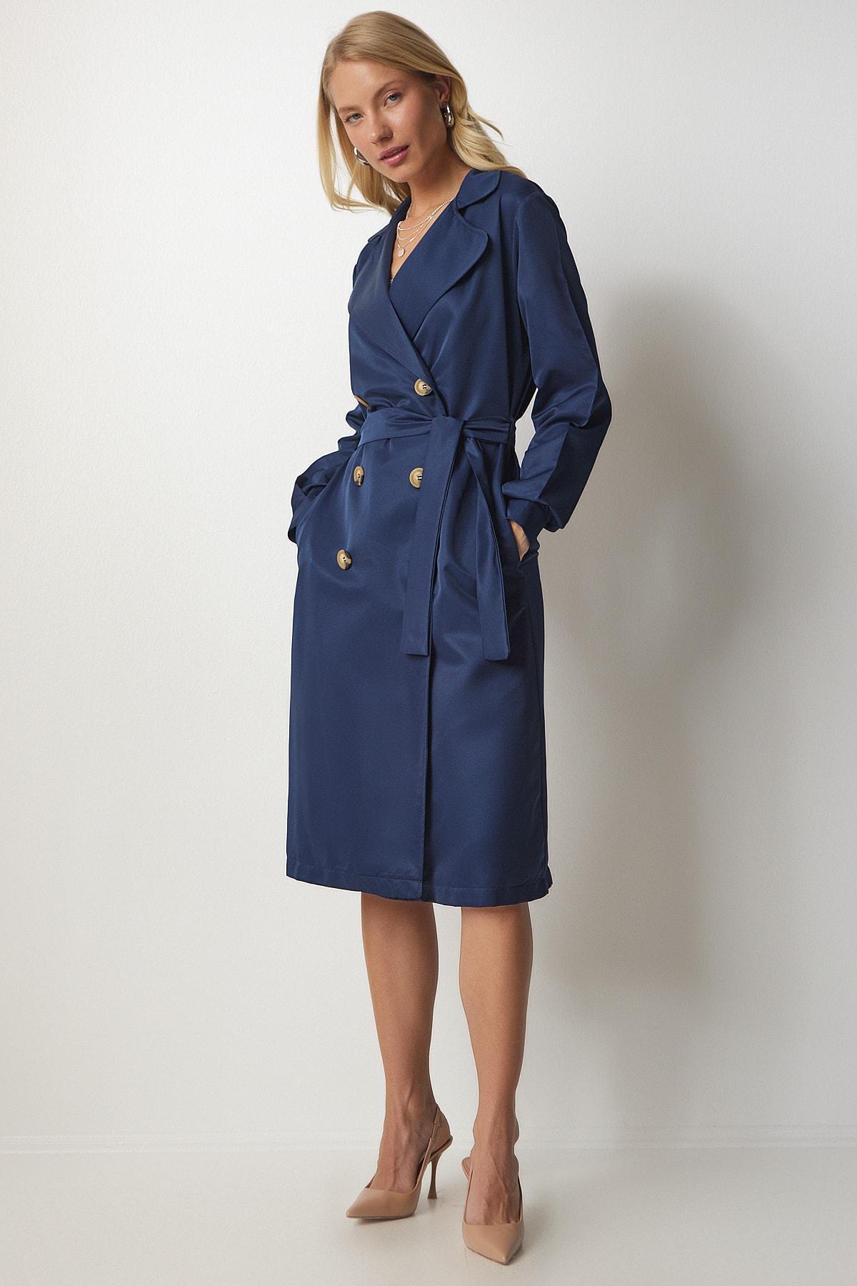 Navy Double Breasted Seasonal Trench Coat, Navy blue, large image number 2