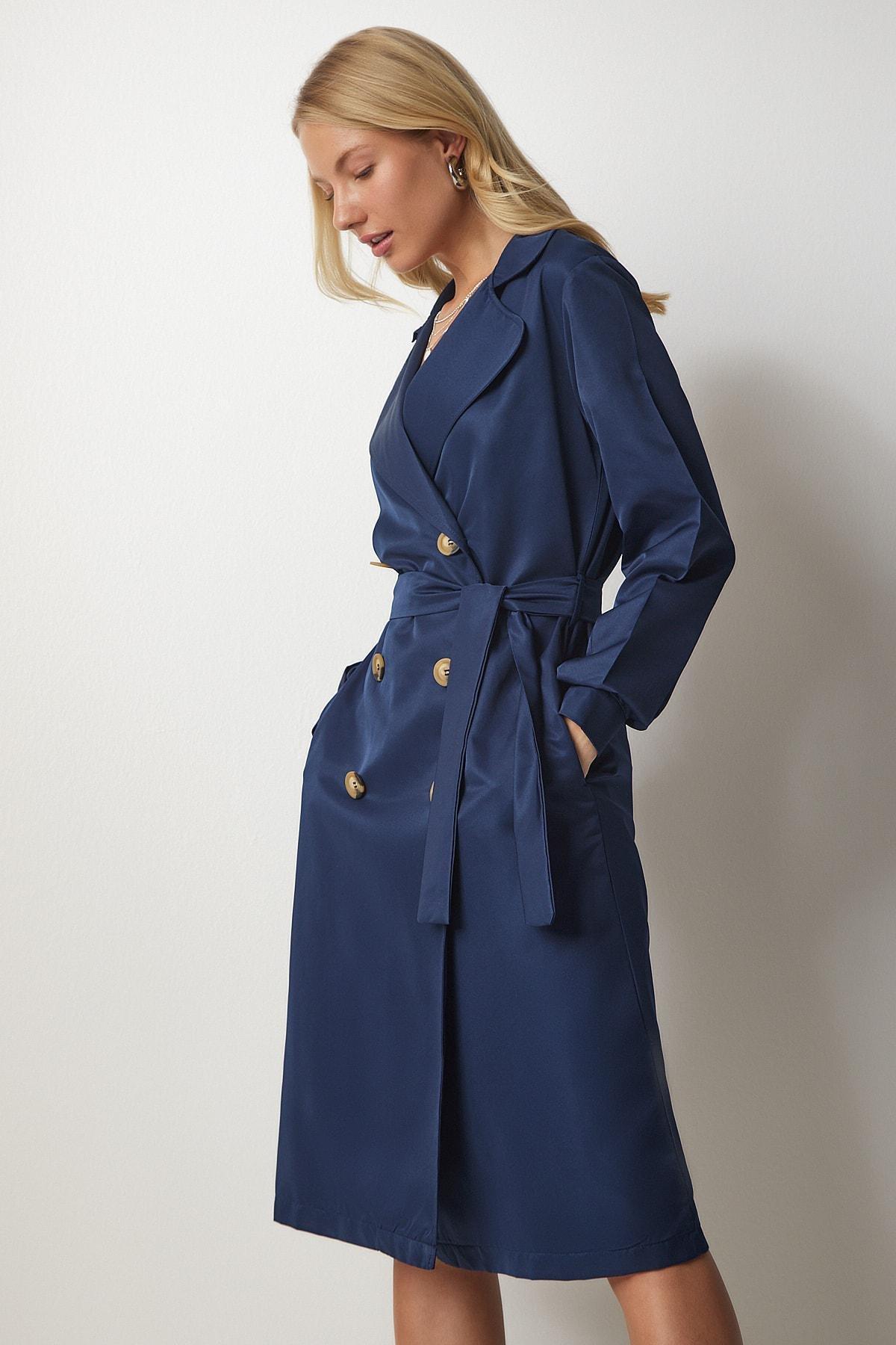 Navy Double Breasted Seasonal Trench Coat, Navy blue, large image number 3