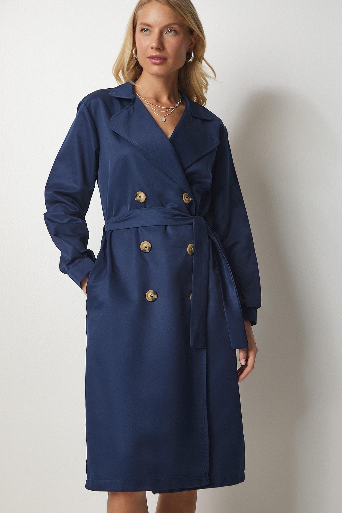 Navy Double Breasted Seasonal Trench Coat, Navy blue, large image number 4