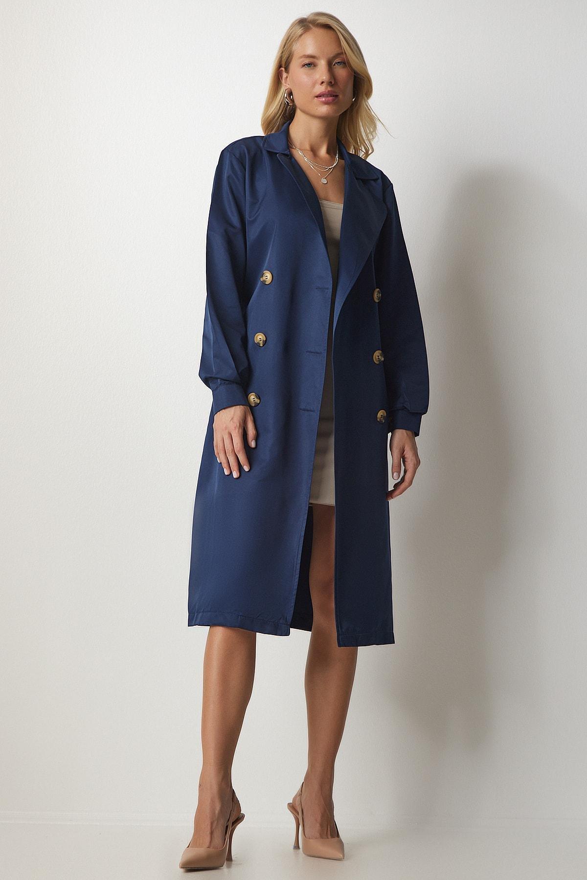 Happiness Istanbul - Navy Double Breasted Seasonal Trench Coat