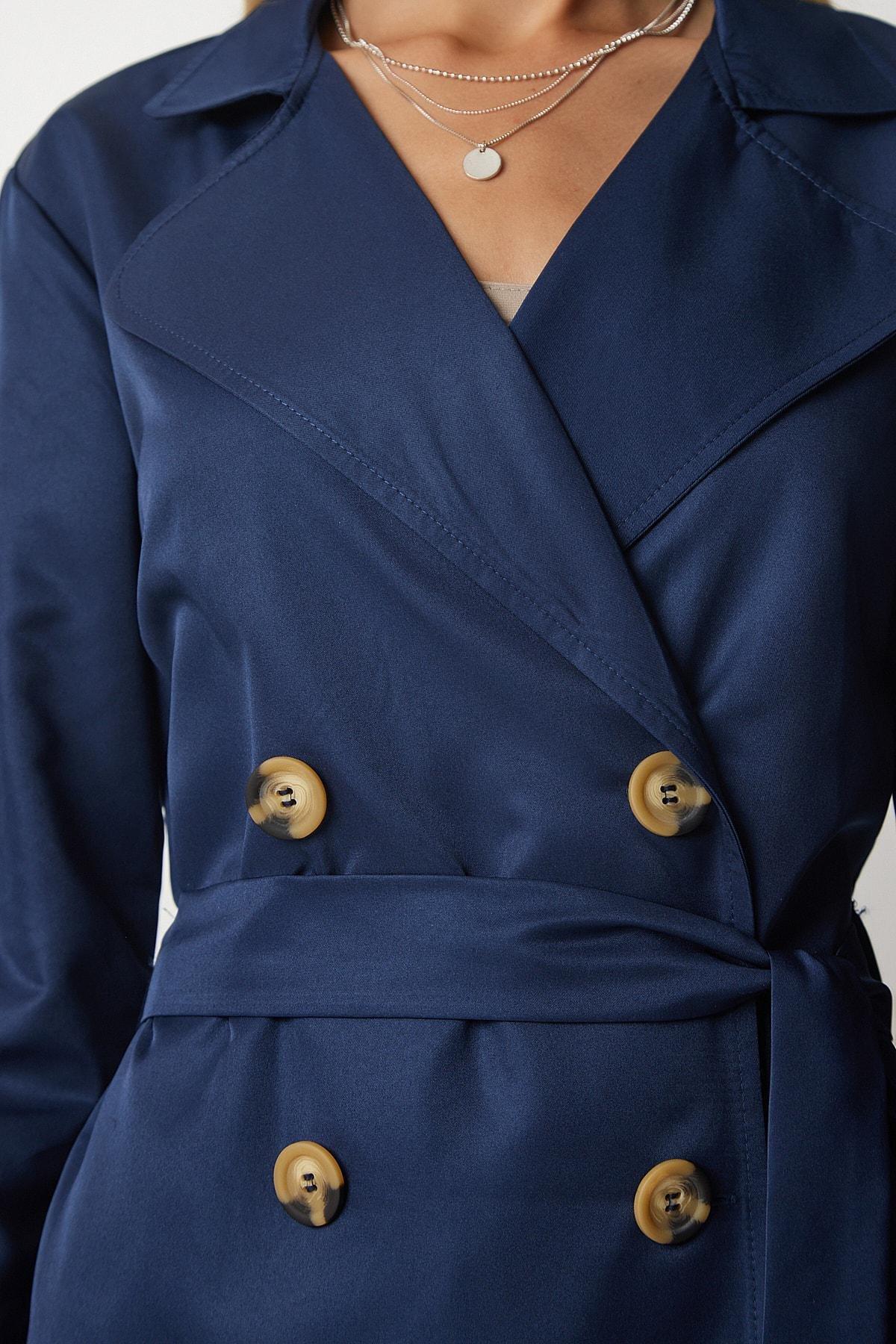 Happiness Istanbul - Navy Double Breasted Seasonal Trench Coat