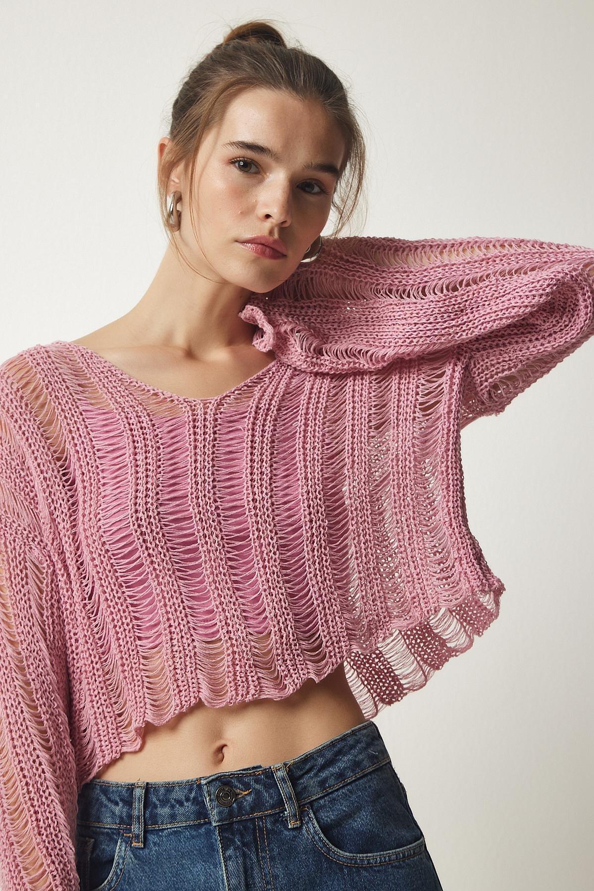 Pink V-Neck Ripped Crop Knitwear Sweater, Pink, large image number 0