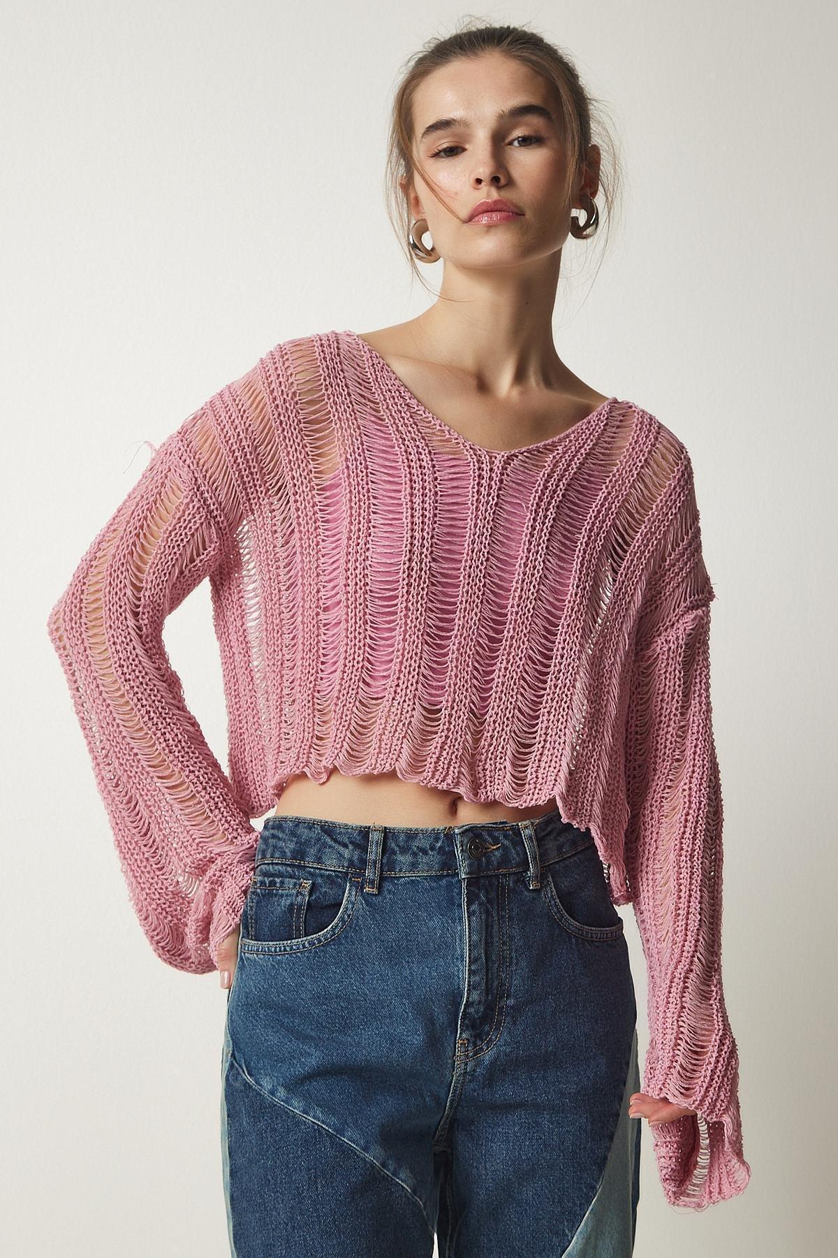 Pink V-Neck Ripped Crop Knitwear Sweater, Pink, large image number 1