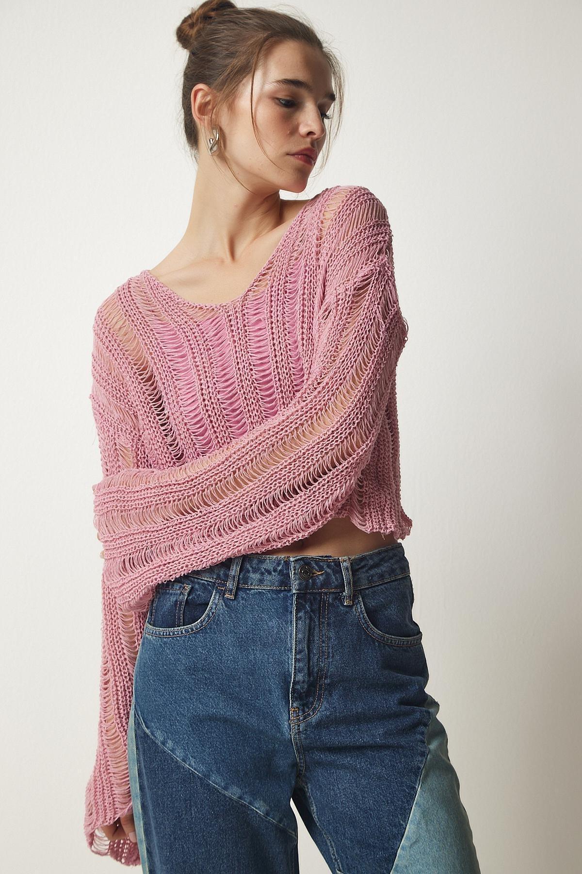 Pink V-Neck Ripped Crop Knitwear Sweater, Pink, large image number 2