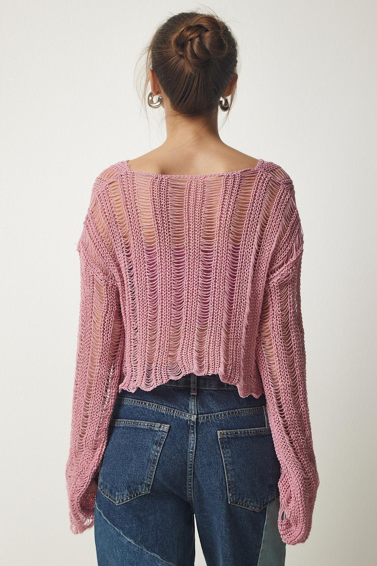 Pink V-Neck Ripped Crop Knitwear Sweater, Pink, large image number 3