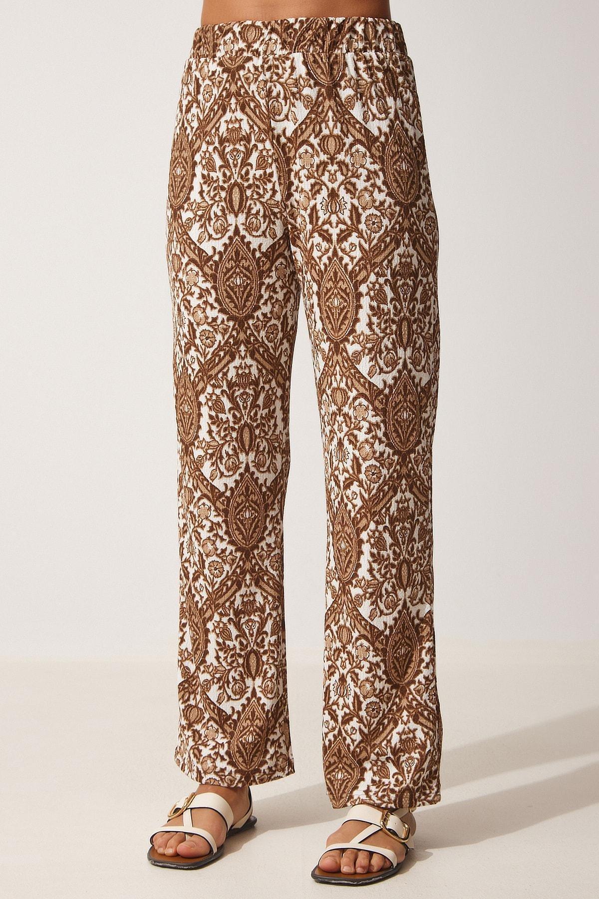 Happiness Istanbul - Brown Patterned Summer Loose Palazzo Pants