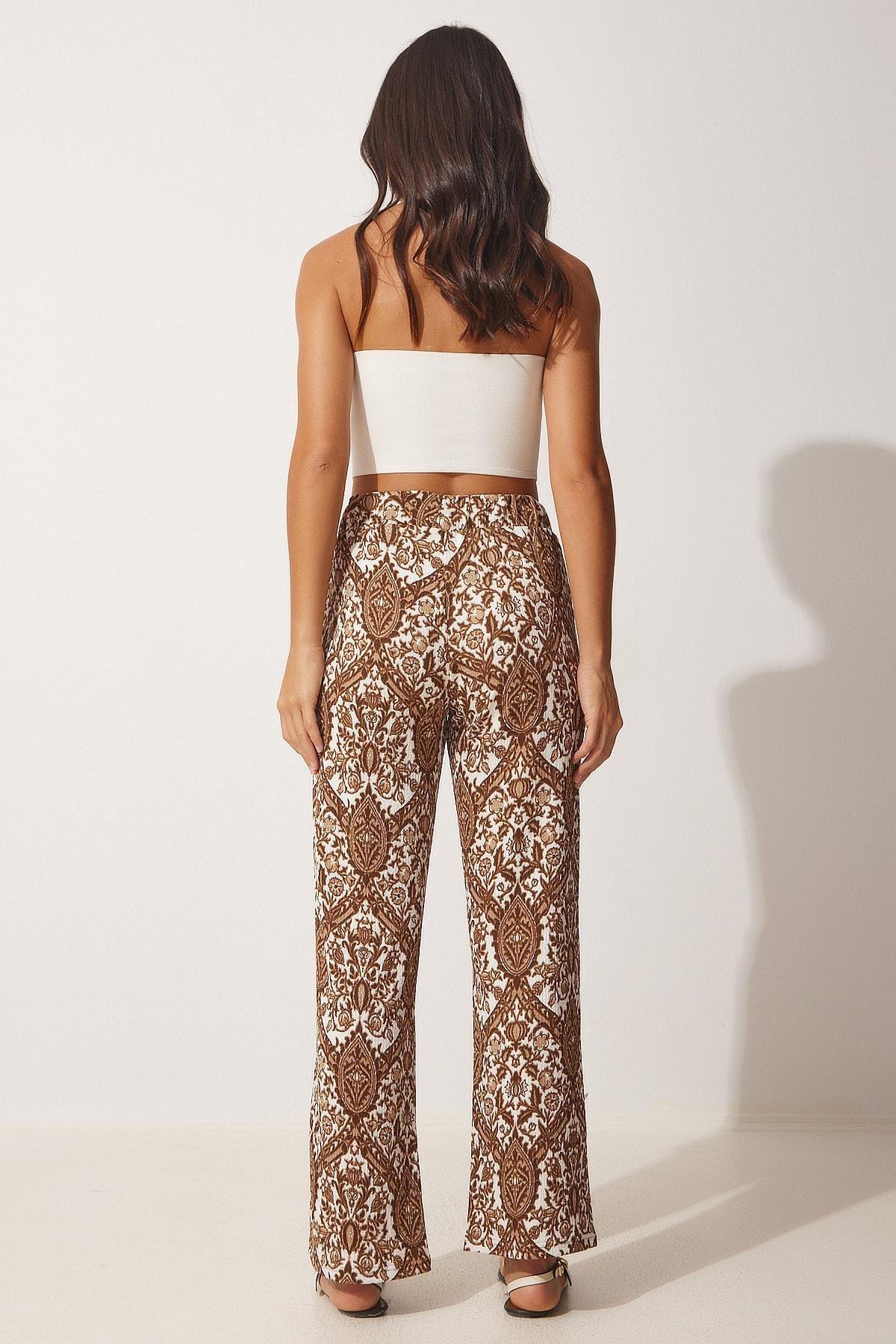 Happiness Istanbul - Brown Patterned Summer Loose Palazzo Pants