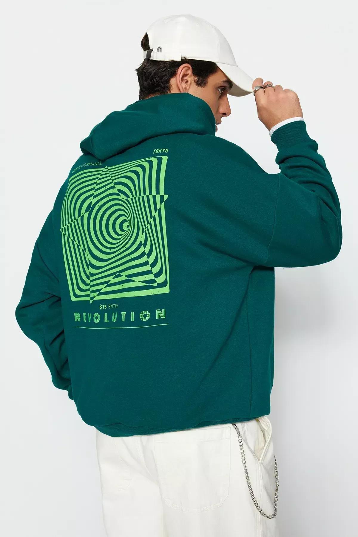 Trendyol - Green Oversized Printed Sweatshirt