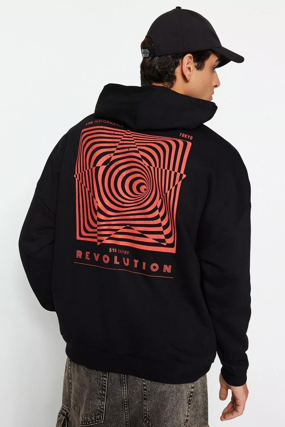 Black Oversized Hooded Printed Sweatshirt, BLACK, large image number 0