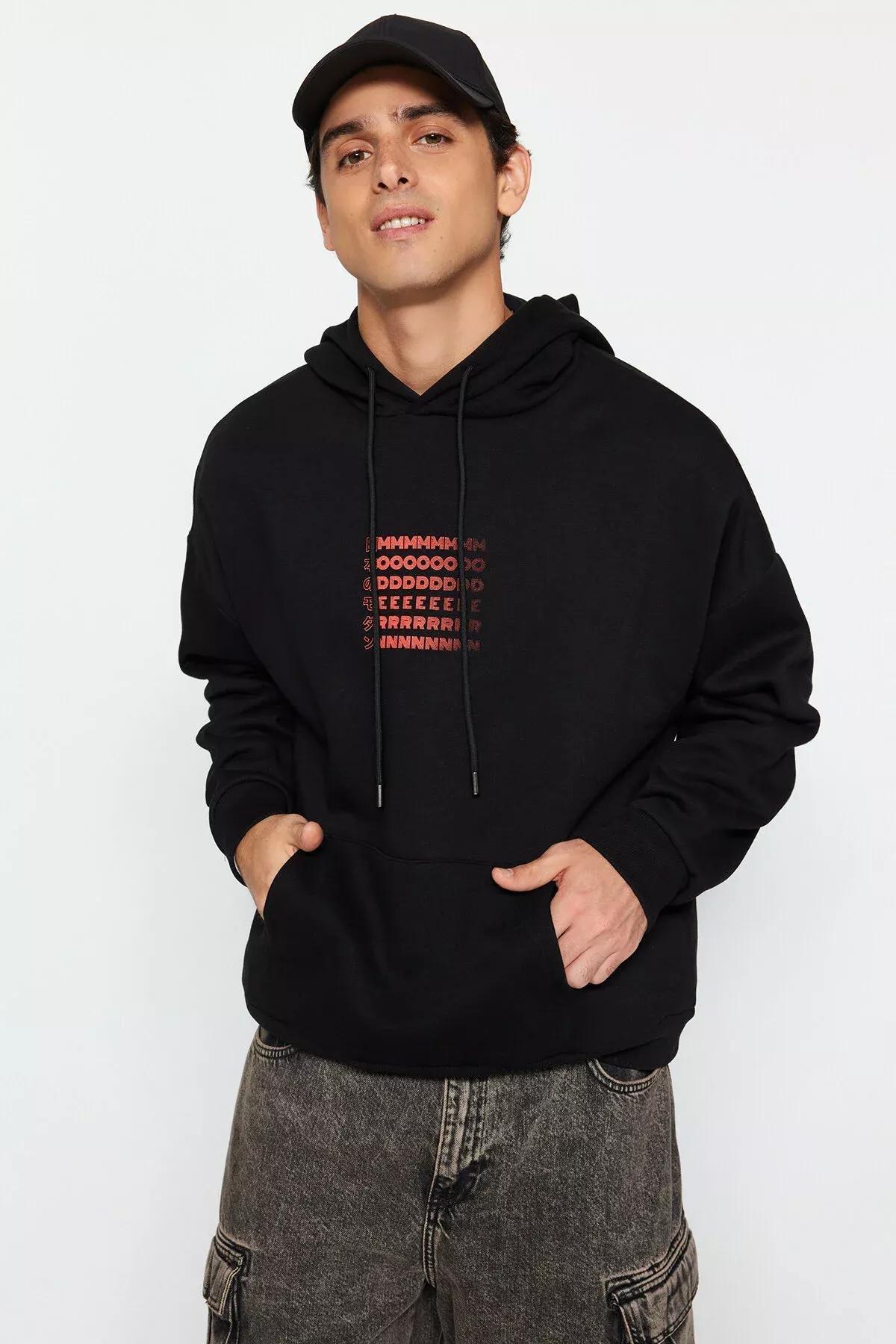 Black Oversized Hooded Printed Sweatshirt, BLACK, large image number 1