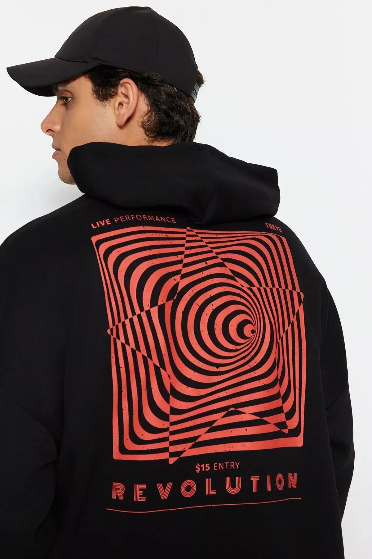 Black Oversized Hooded Printed Sweatshirt, BLACK, large image number 2