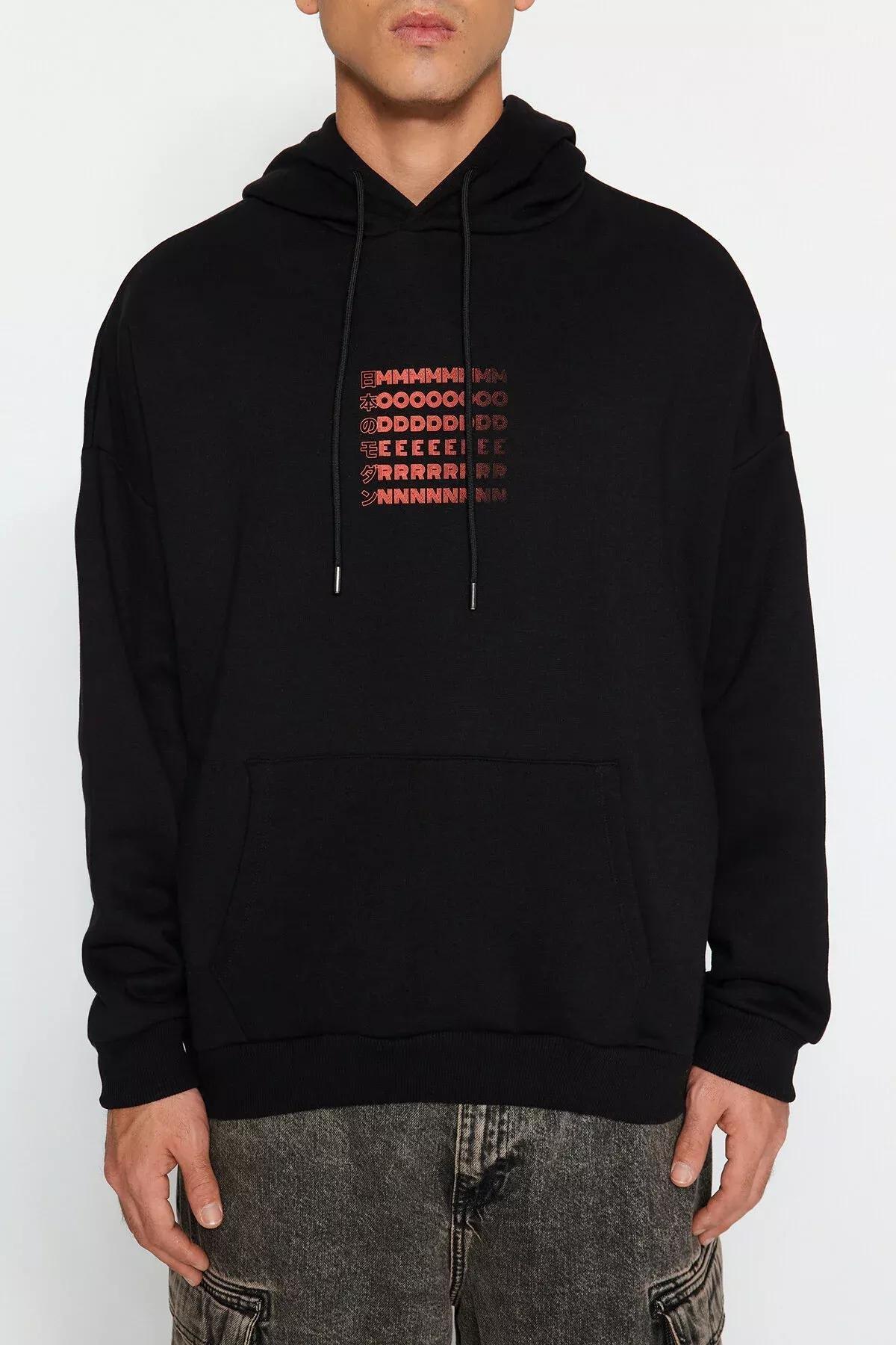 Black Oversized Hooded Printed Sweatshirt, BLACK, large image number 3