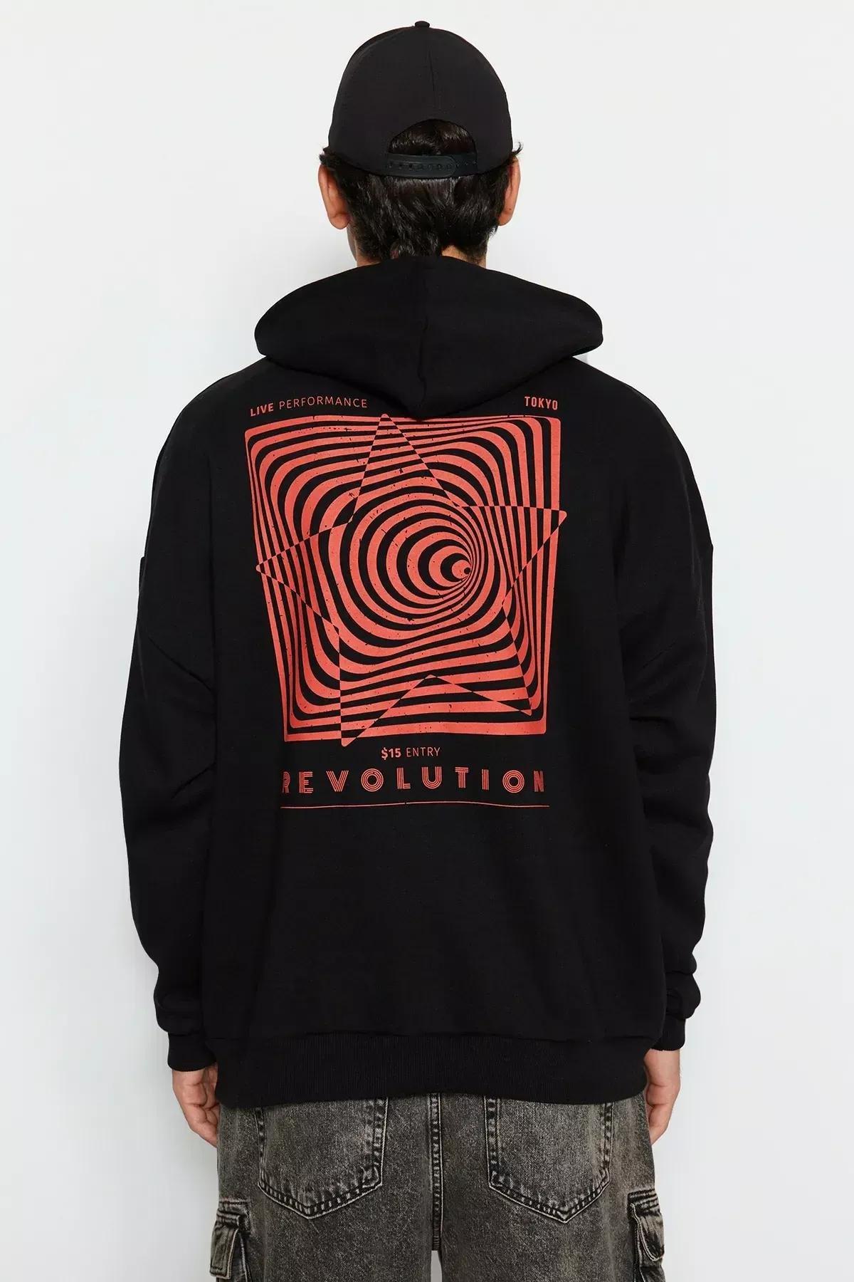 Black Oversized Hooded Printed Sweatshirt, BLACK, large image number 4