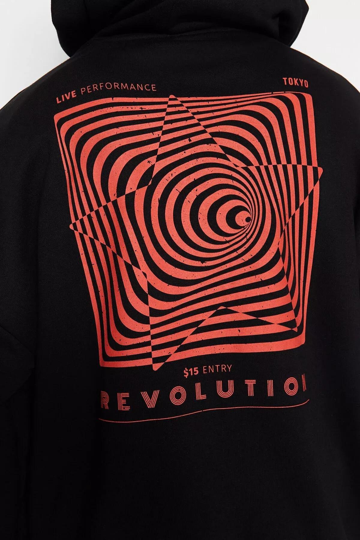 Black Oversized Hooded Printed Sweatshirt, BLACK, large image number 5