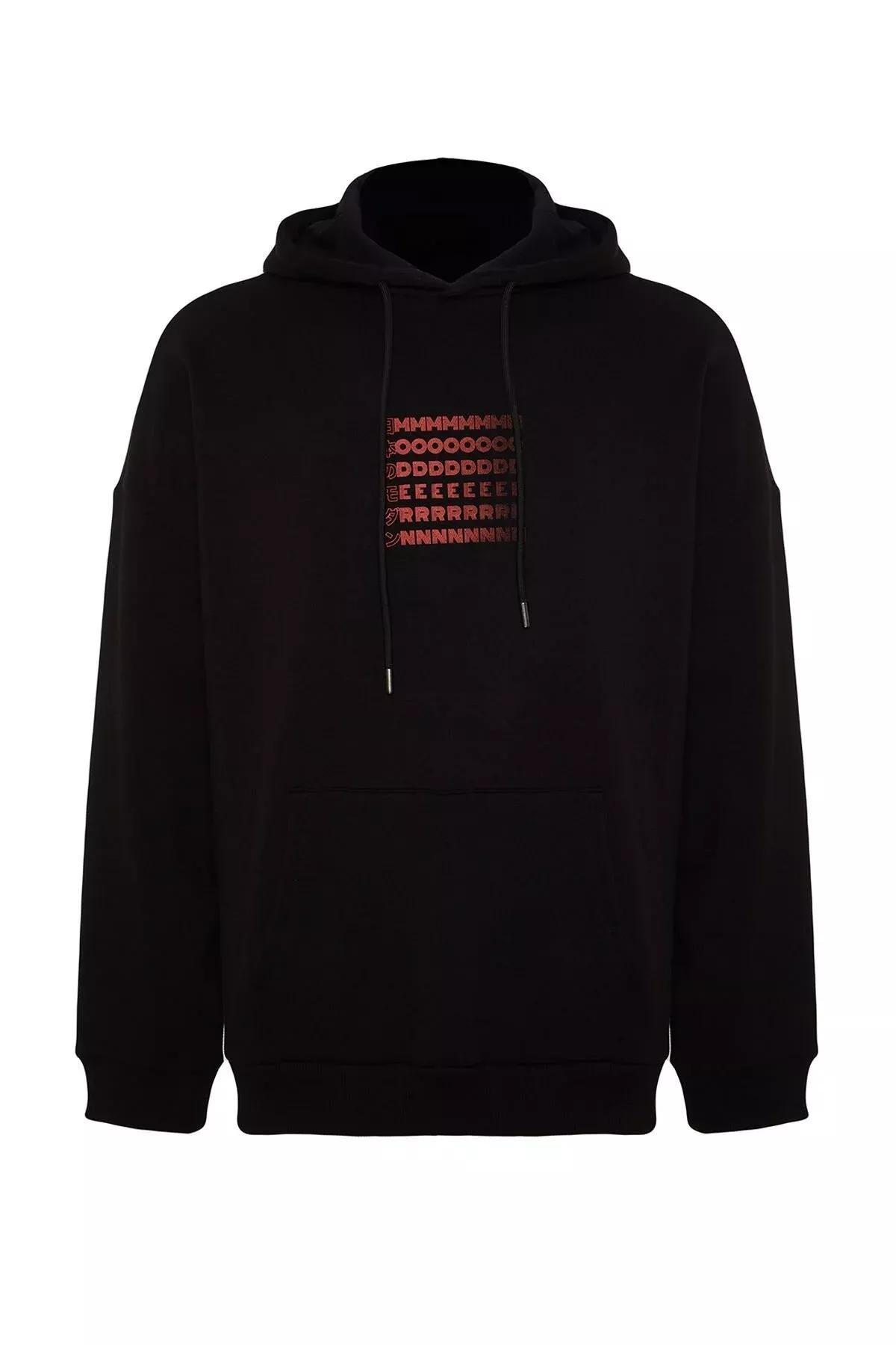 Black Oversized Hooded Printed Sweatshirt, BLACK, large image number 6