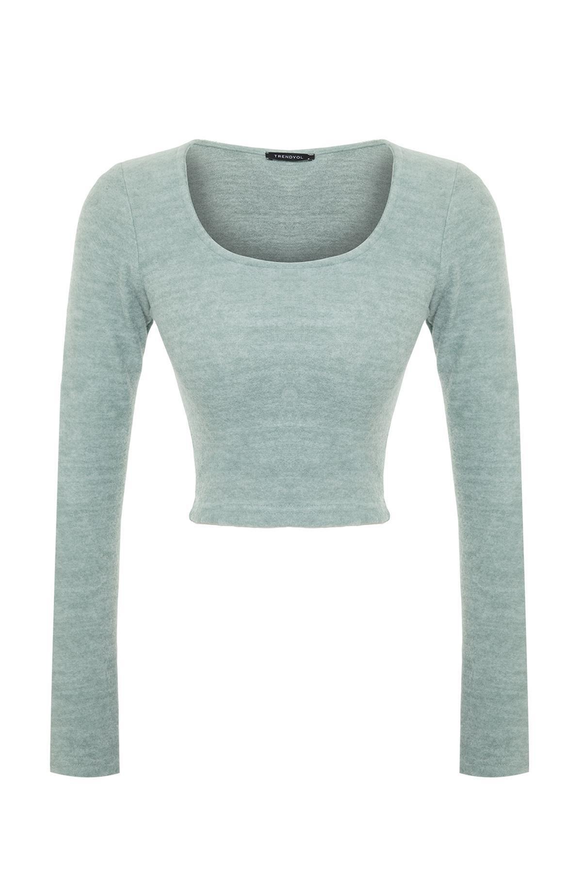 Trendyol - Green Collared Fitted Crop Knitted Blouse