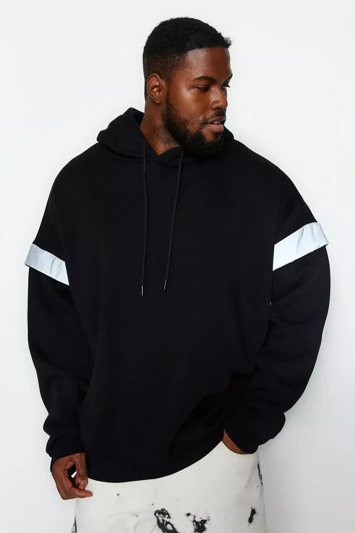Black Oversize Detailed Hooded Sweatshirt, BLACK, large image number 0