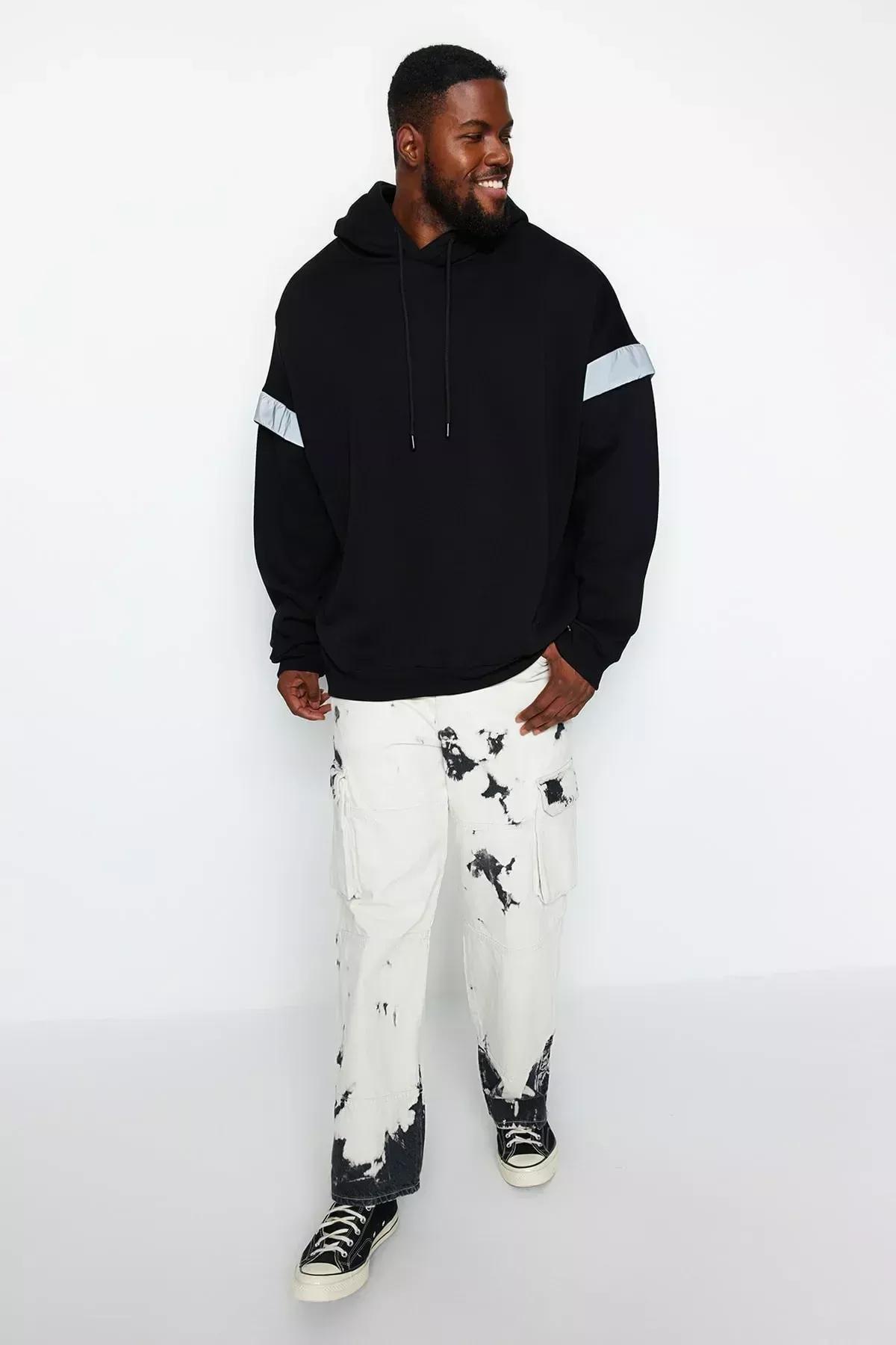 Black Oversize Detailed Hooded Sweatshirt, BLACK, large image number 1