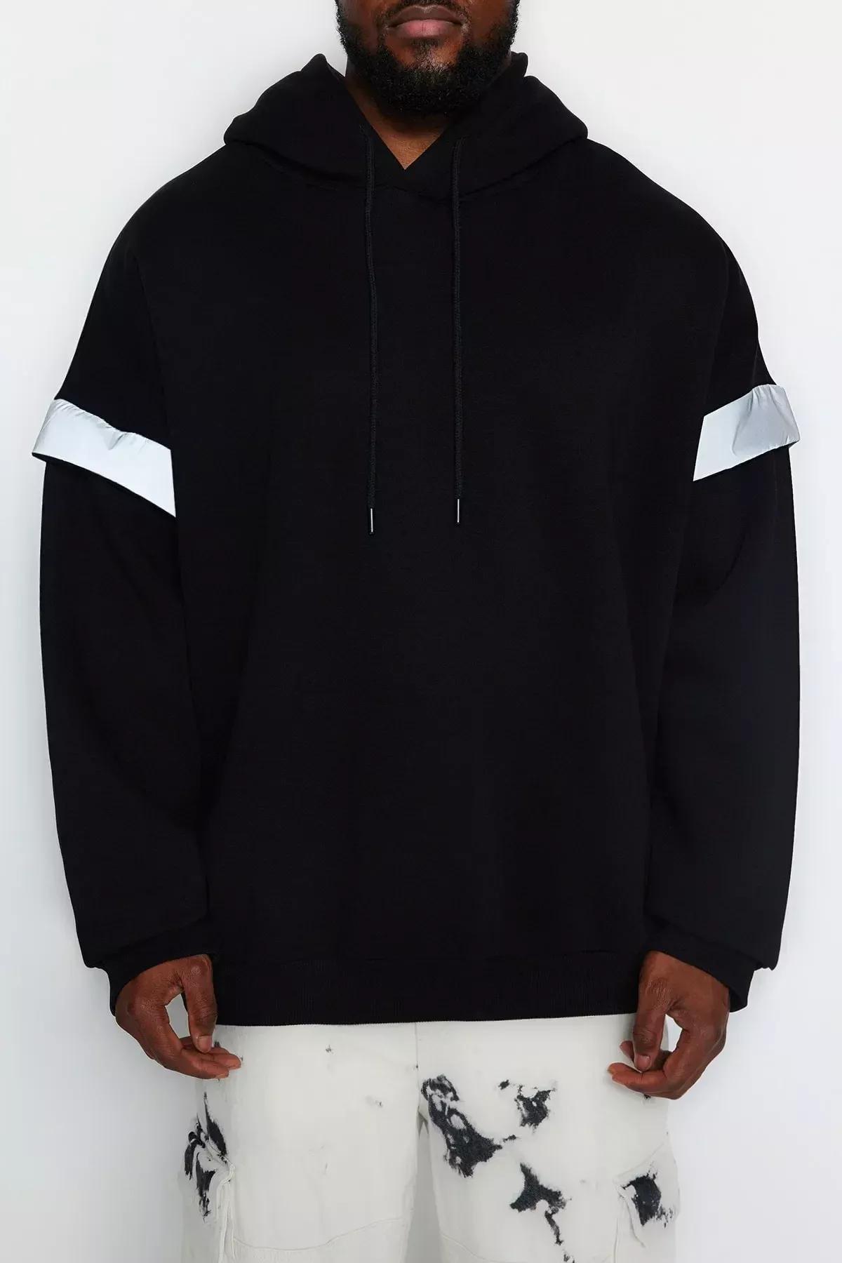 Black Oversize Detailed Hooded Sweatshirt, BLACK, large image number 2