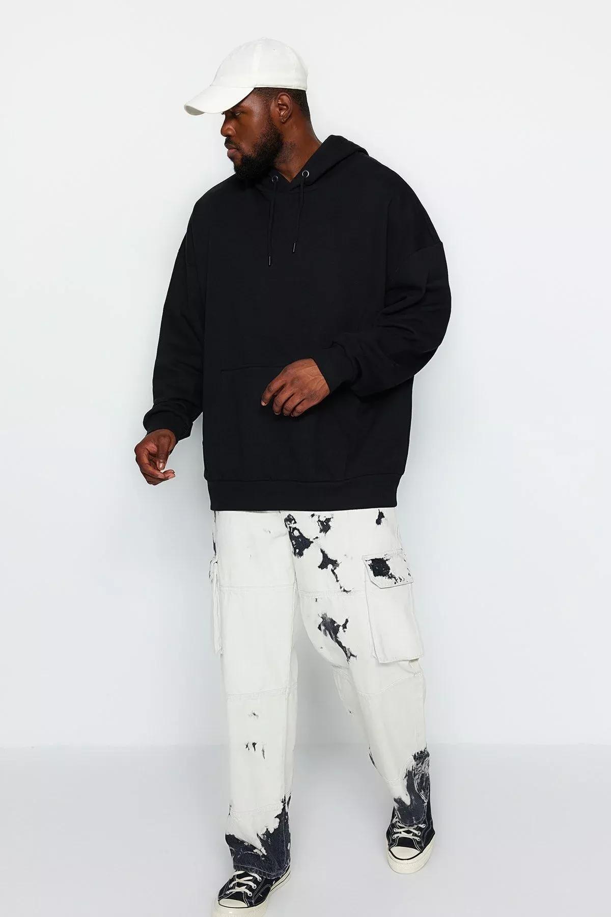 Black Oversize Detailed Hooded Sweatshirt, BLACK, large image number 4