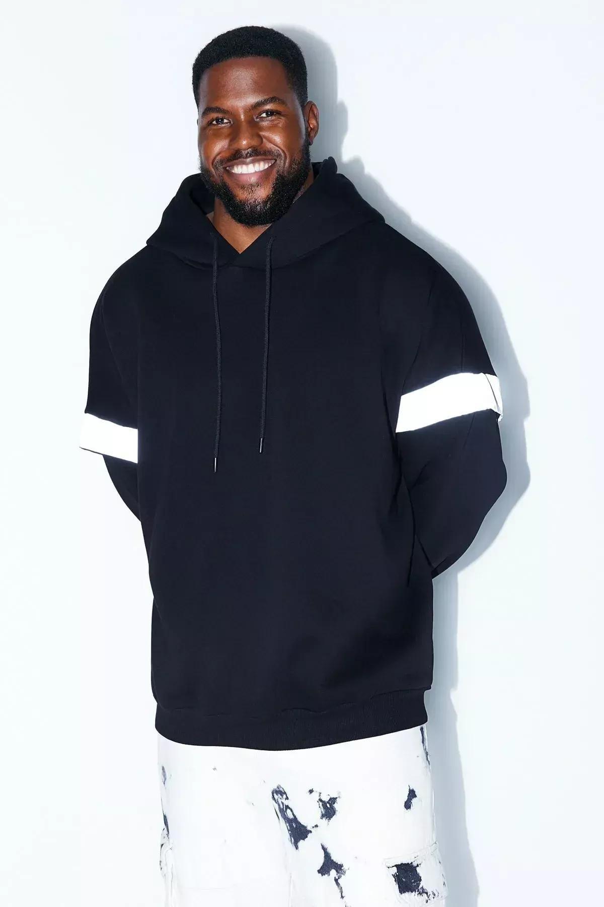 Black Oversize Detailed Hooded Sweatshirt, BLACK, large image number 5