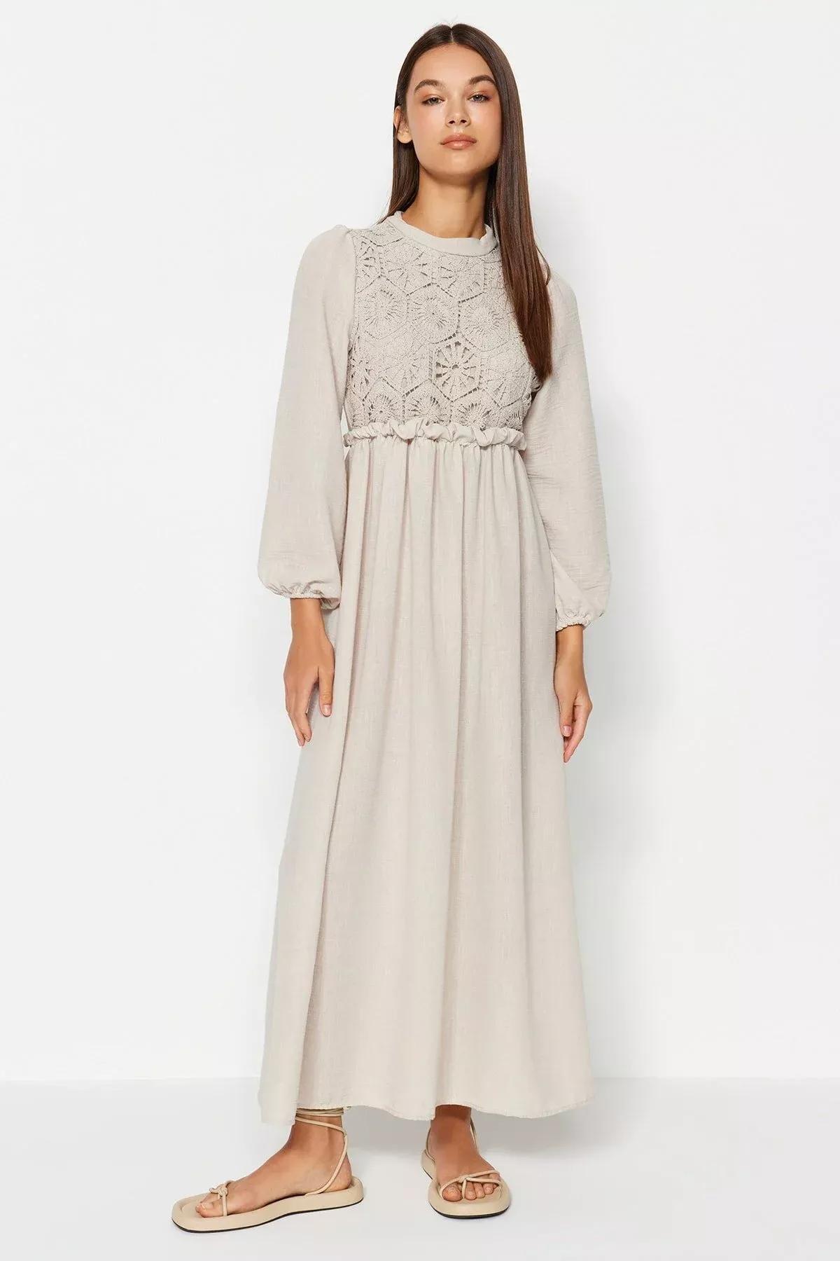 Ecru Detailed Woven Dress, Ecru, large image number 5