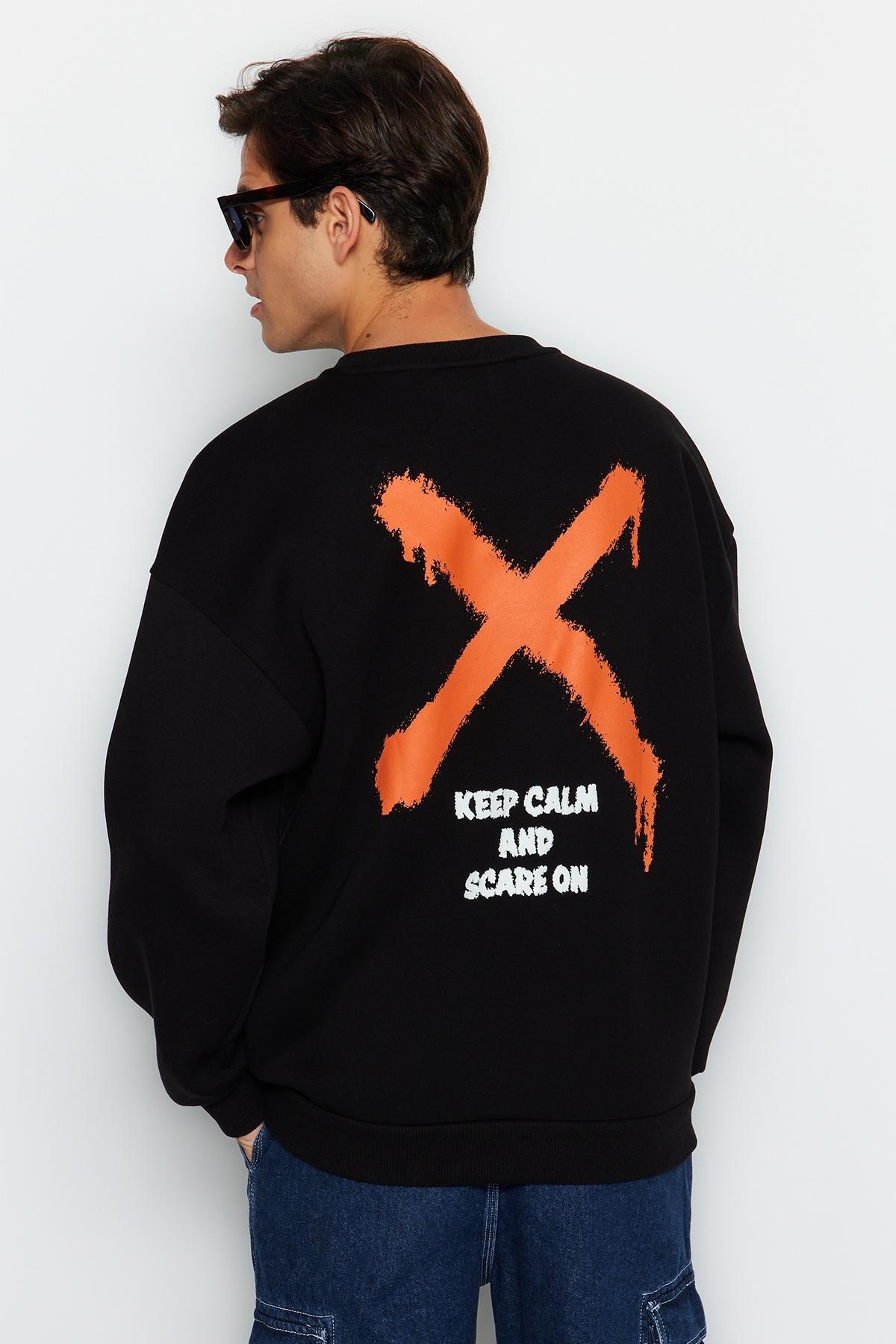 Black Oversized Crew Neck Printed Sweatshirt, BLACK, large image number 0
