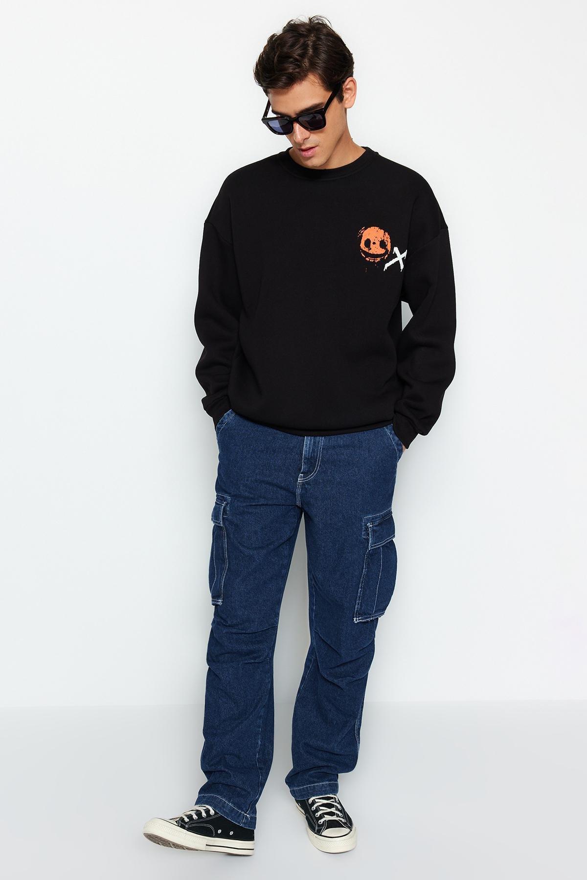 Black Oversized Crew Neck Printed Sweatshirt, BLACK, large image number 1