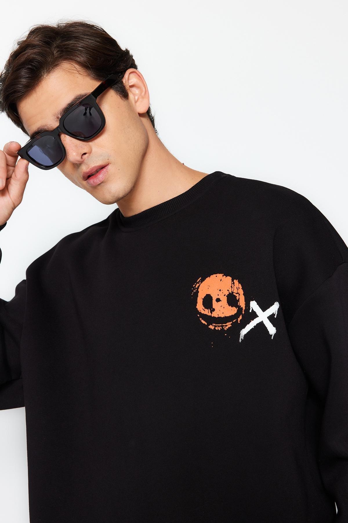 Black Oversized Crew Neck Printed Sweatshirt, BLACK, large image number 2