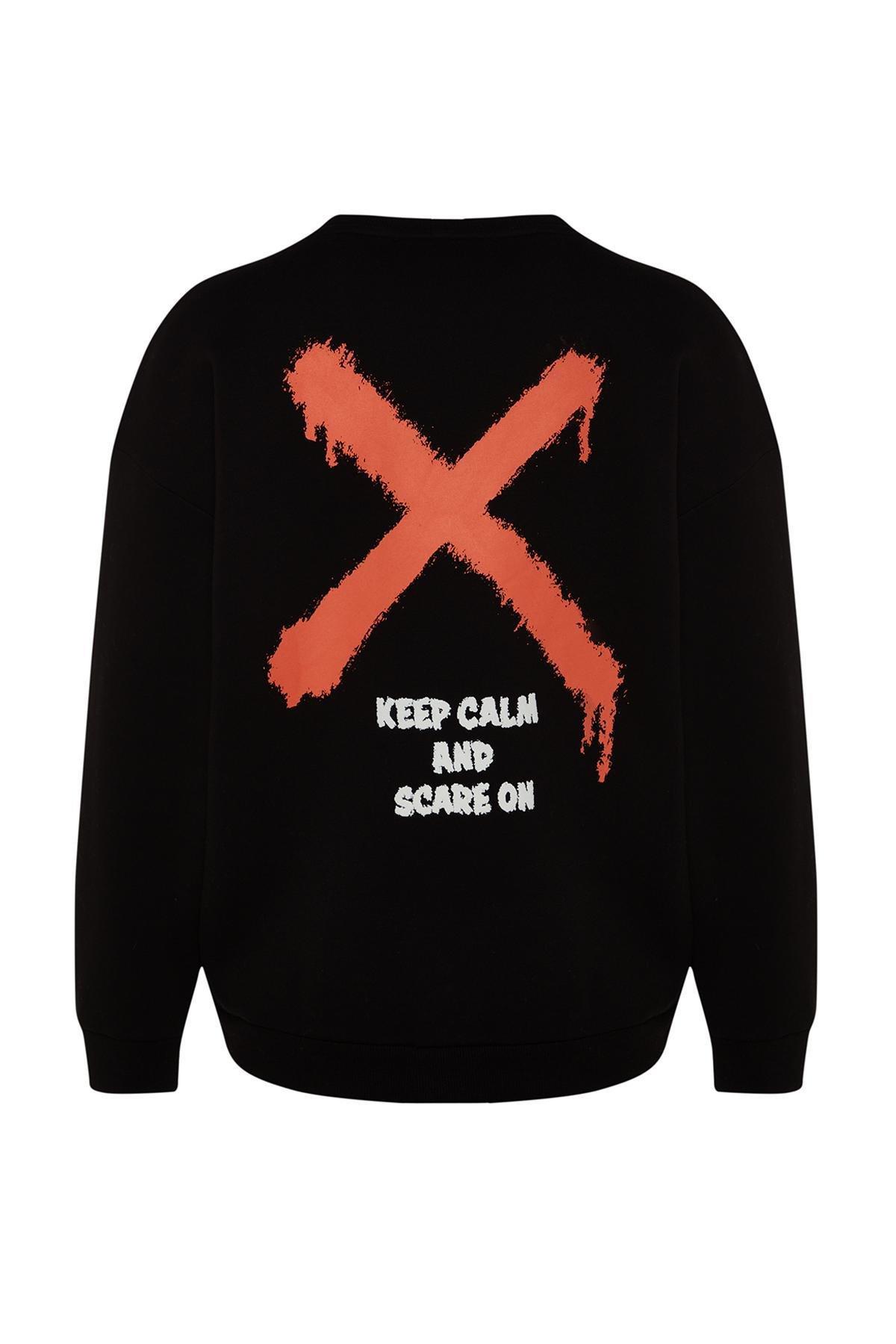 Black Oversized Crew Neck Printed Sweatshirt, BLACK, large image number 7
