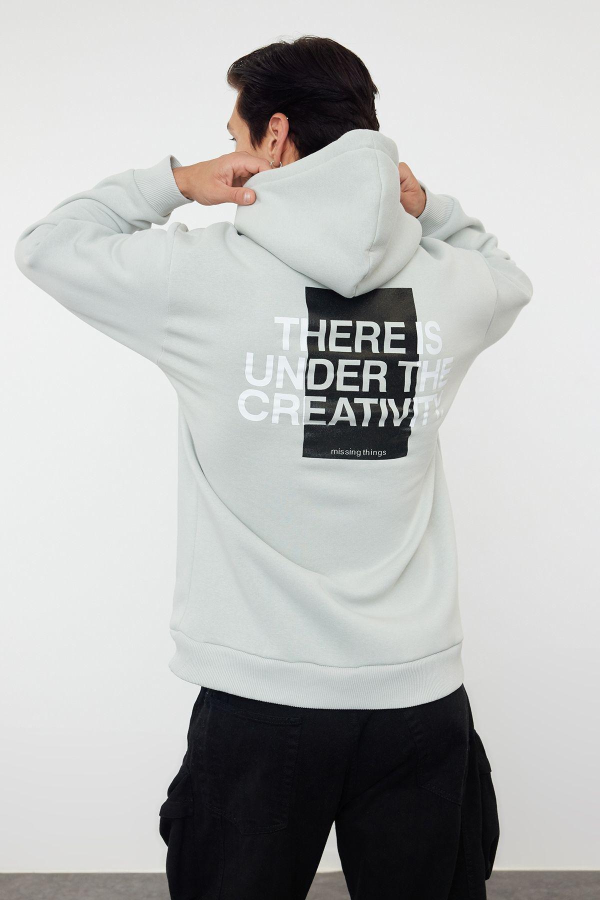 Gray Graphic Novelty Hooded Sweatshirt, , large image number 0
