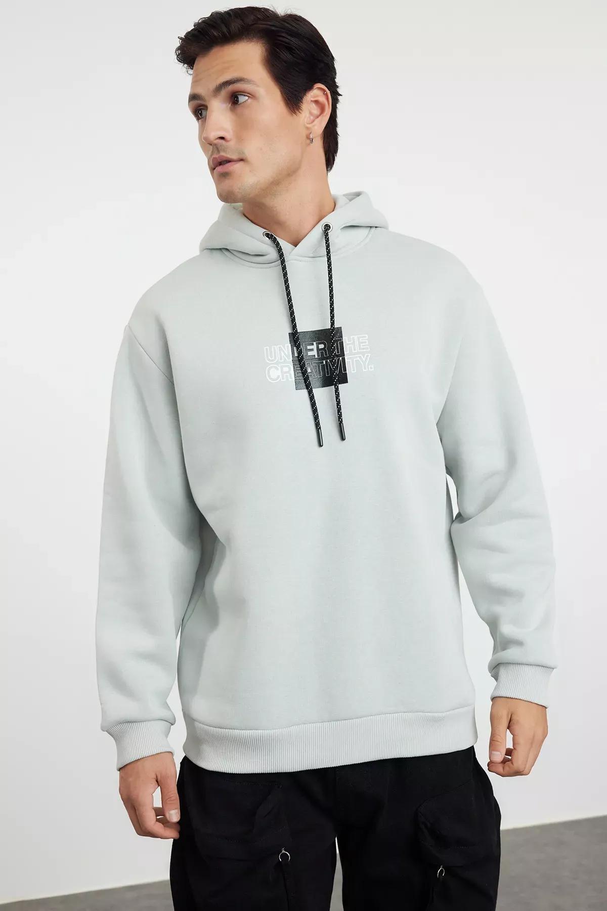 Gray Graphic Novelty Hooded Sweatshirt, Grey, medium
