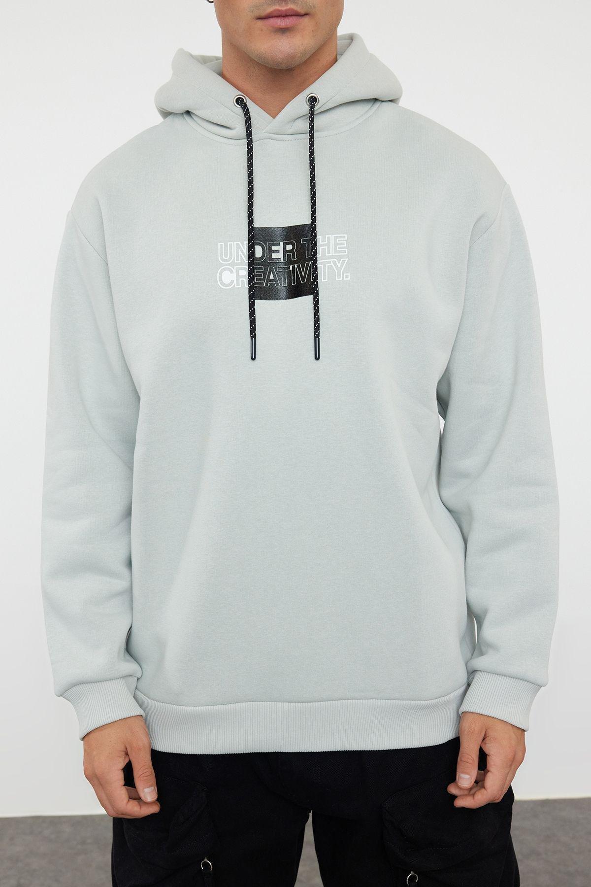 Gray Graphic Novelty Hooded Sweatshirt, , large image number 2