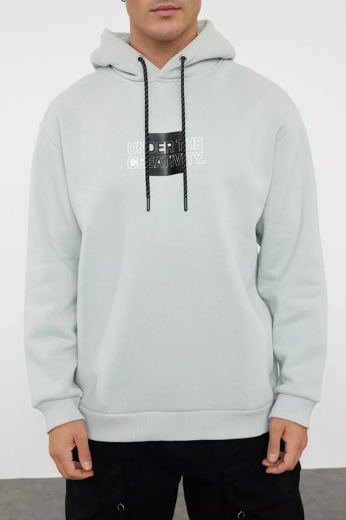 Gray Graphic Novelty Hooded Sweatshirt, Grey, medium