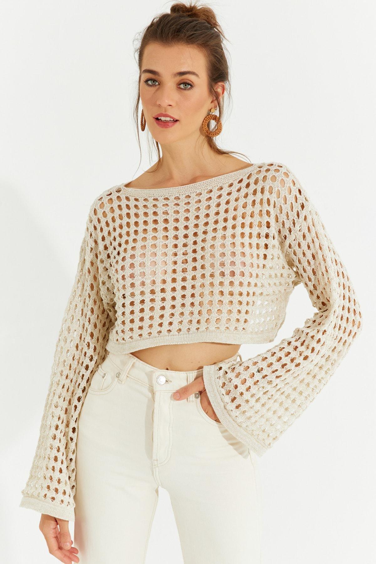 Ecru Glittery Openwork Knitwear Short Blouse, Ecru, large image number 0