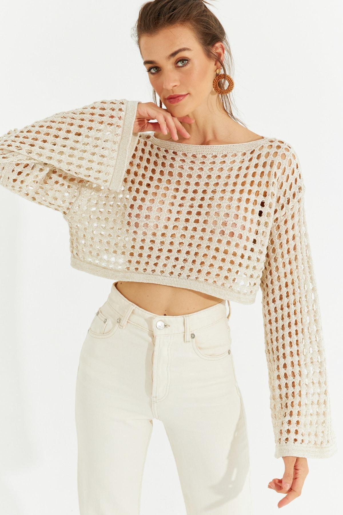 Ecru Glittery Openwork Knitwear Short Blouse, Ecru, large image number 1