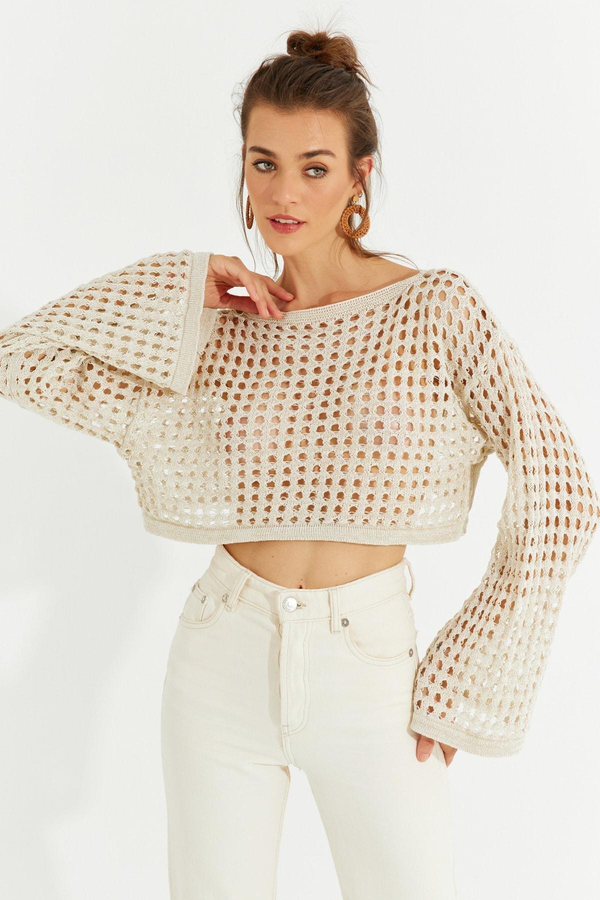 Ecru Glittery Openwork Knitwear Short Blouse, Ecru, large image number 2