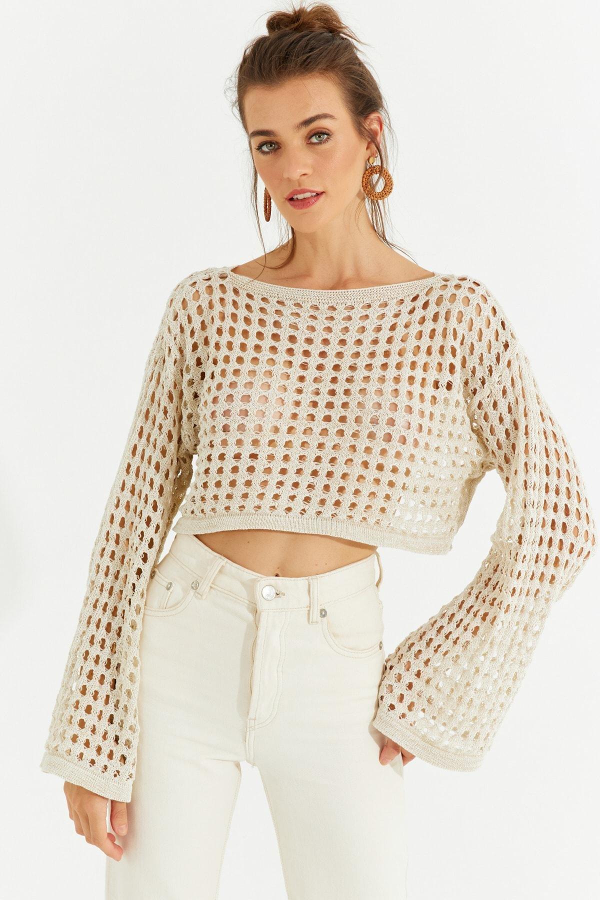 Ecru Glittery Openwork Knitwear Short Blouse, Ecru, large image number 3